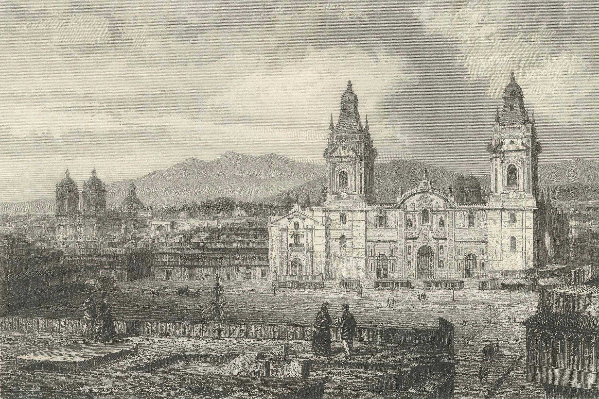 Seltener antiker Kupferstich - Lima, Peru mit Kathedrale und Plaza Mayor, 1867 im Zustand „Gut“ im Angebot in Langweer, NL