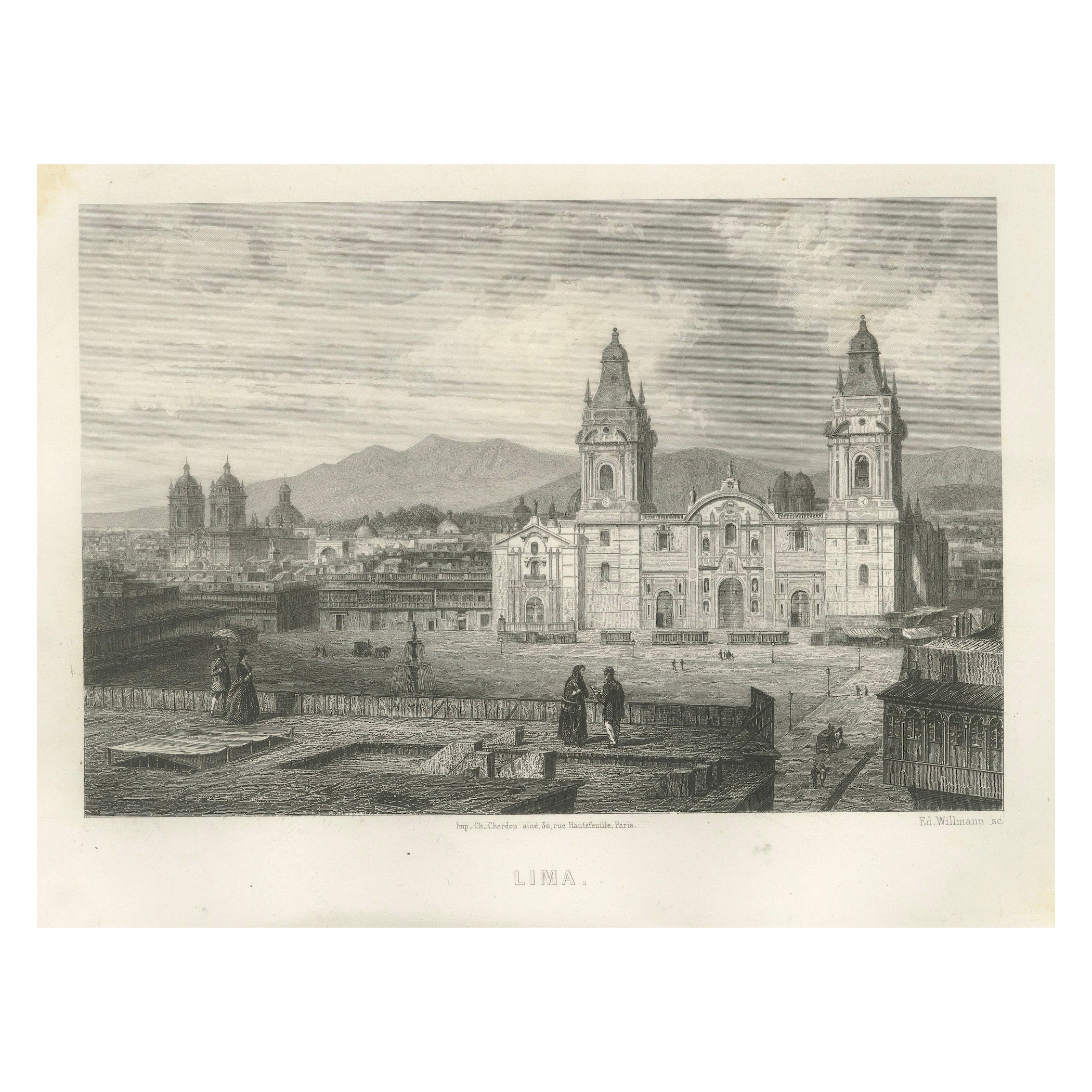 Seltener antiker Kupferstich - Lima, Peru mit Kathedrale und Plaza Mayor, 1867