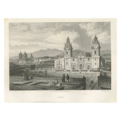 Rare Antique Engraving – Lima, Peru with Cathedral and Plaza Mayor, 1867