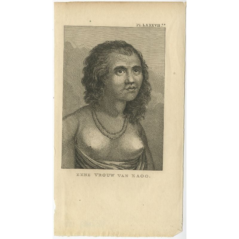 Antique print titled 'Eene Vrouw van Eaoo'. Antique print depiciting a native woman from Eaoo, Friendly Islands, Pacific. Originates from 'Reizen Rondom de Waereld door James Cook (..)'. 

Cook was in Eua (also known as Middleburg), Tonga from the