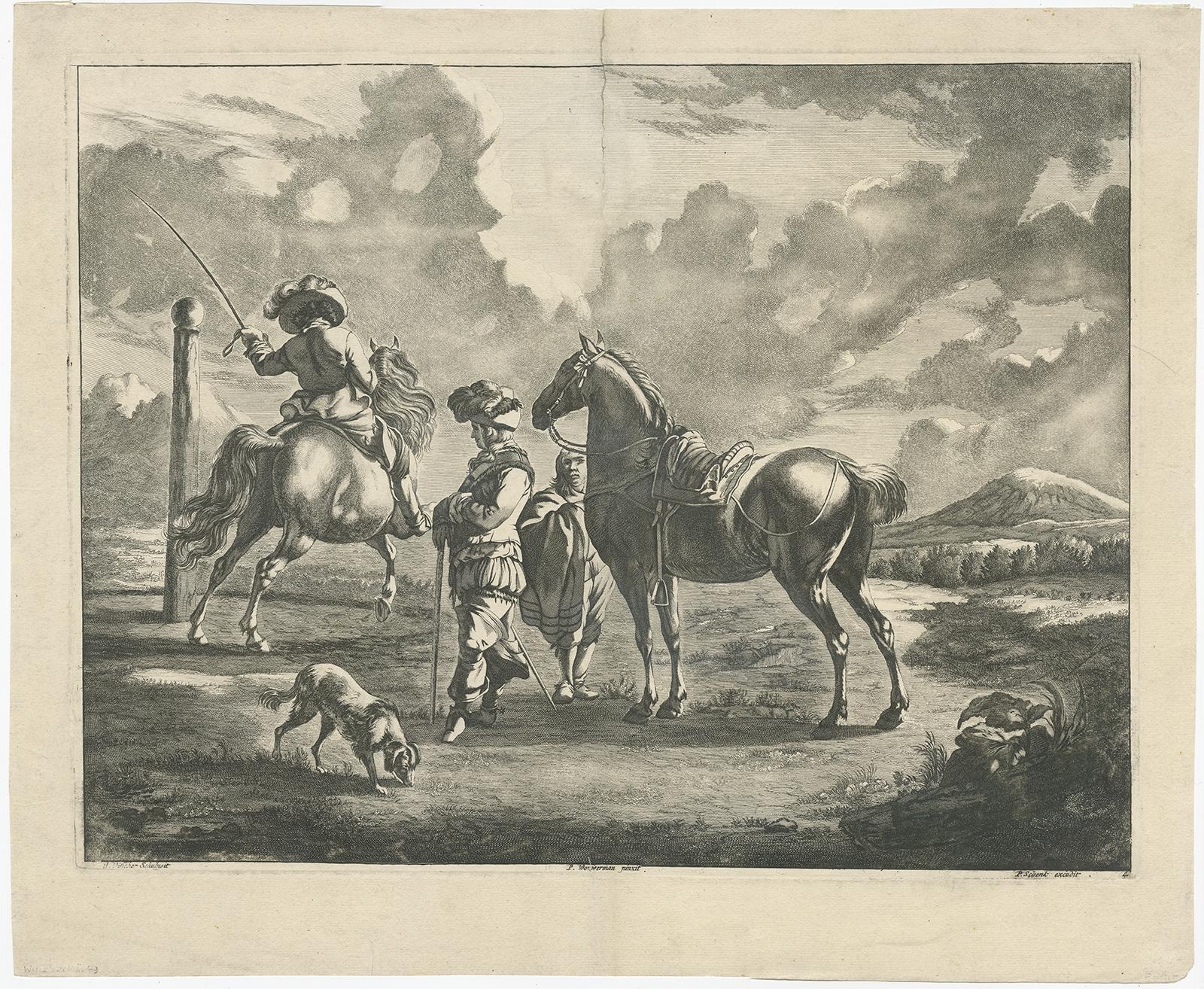 Impression ancienne d'un paysage avec deux chevaux et des cavaliers. 

Réalisé d'après un tableau de Philips Wouwerman. Source inconnue, à déterminer. 

Artistes et graveurs : Gravé par J. Visscher d'après Philips Wouwerman (1619-1668) était un