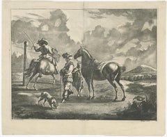 Rare Antique Engraving of a Landscape with Two Horses and Horsemen, ca.1680