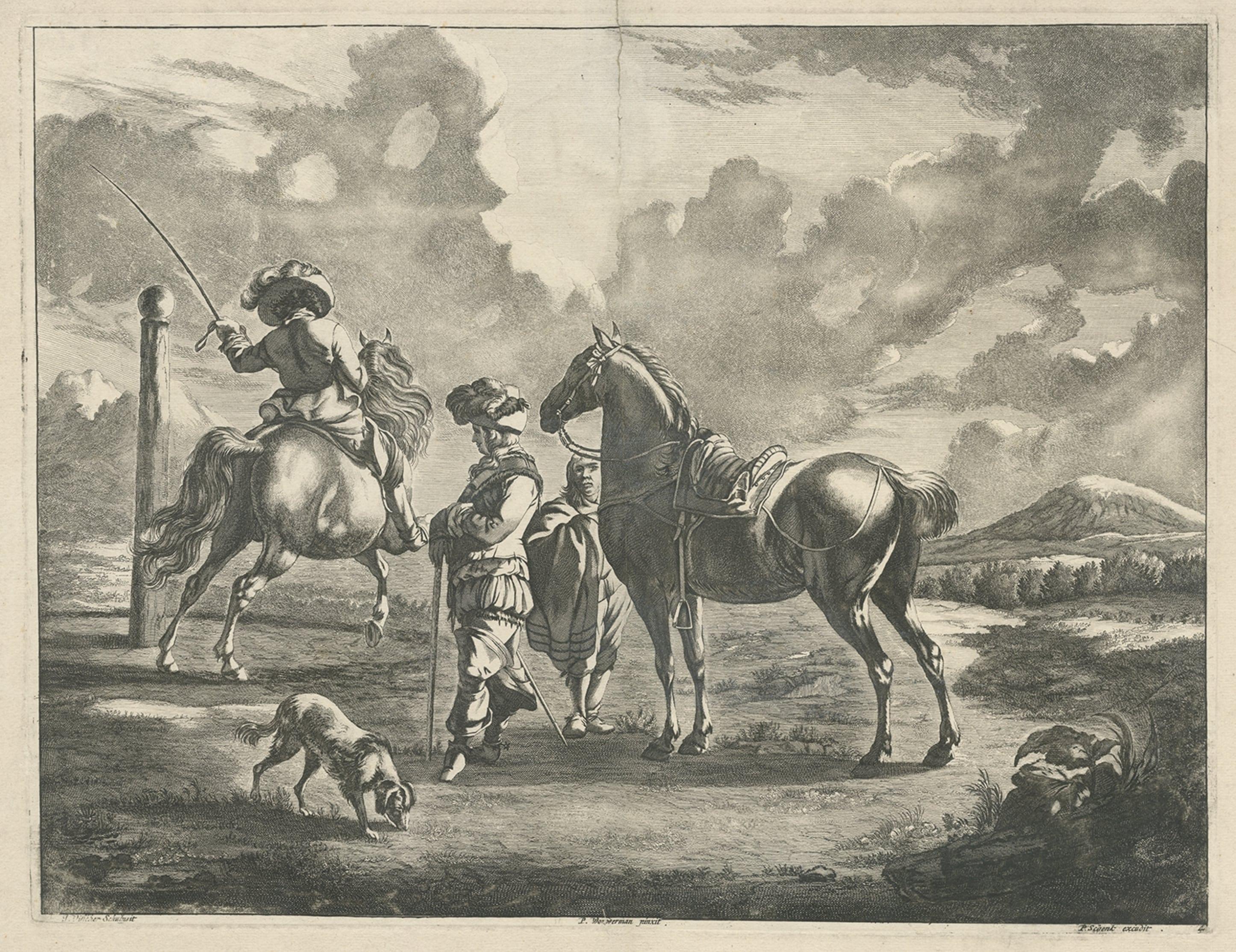 Rare gravure ancienne d'un paysage avec deux chevaux et des chevaux, vers 1680 Bon état - En vente à Langweer, NL