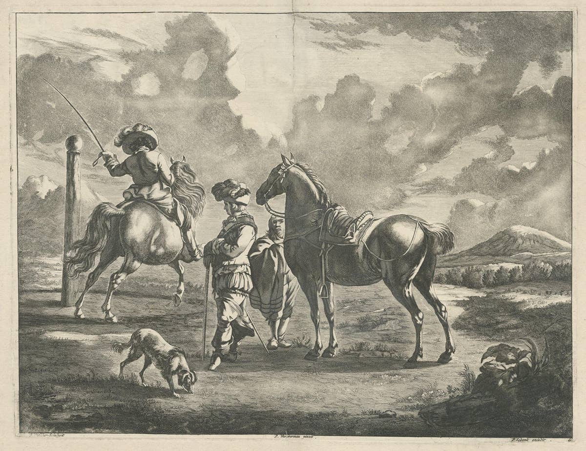 Rare Antique Engraving of a Landscape with Two Horses and Horsemen, ca.1680