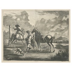 Seltener antiker Gravur einer Landschaft mit zwei Pferden und Pferden, ca. 1680
