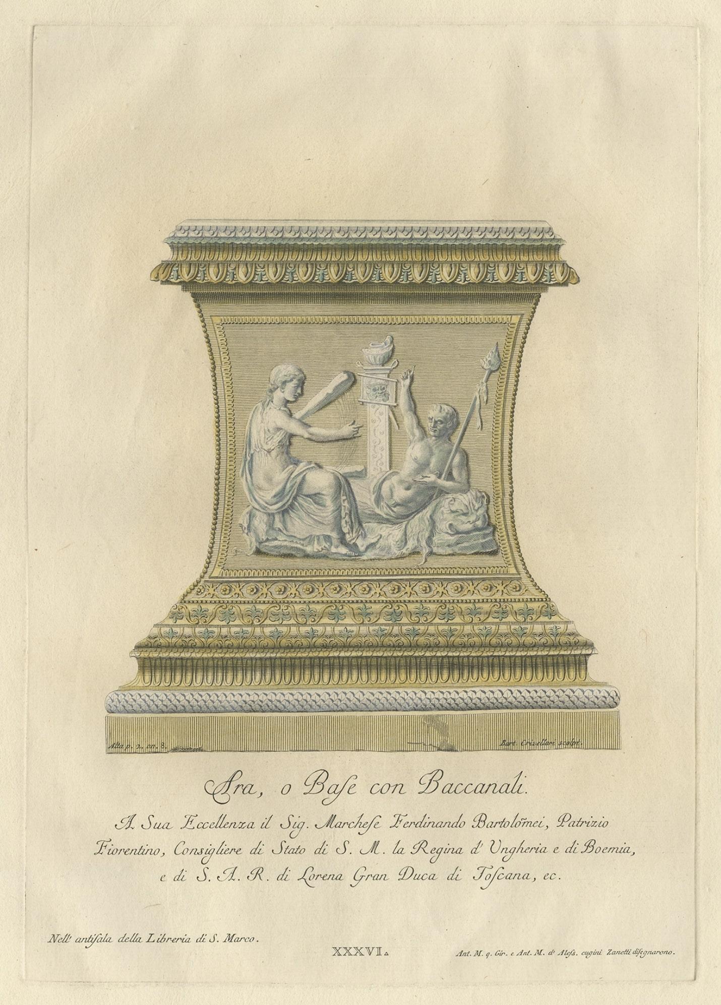 Antique print titled 'Ara, o Base con Baccanali'. Plate XXXVI: 

A large, ornamental Bacchic altar or pedestal, with a relief in the centre showing a female sitting beside a reclining male who points towards a pedestal supporting a vase and an image