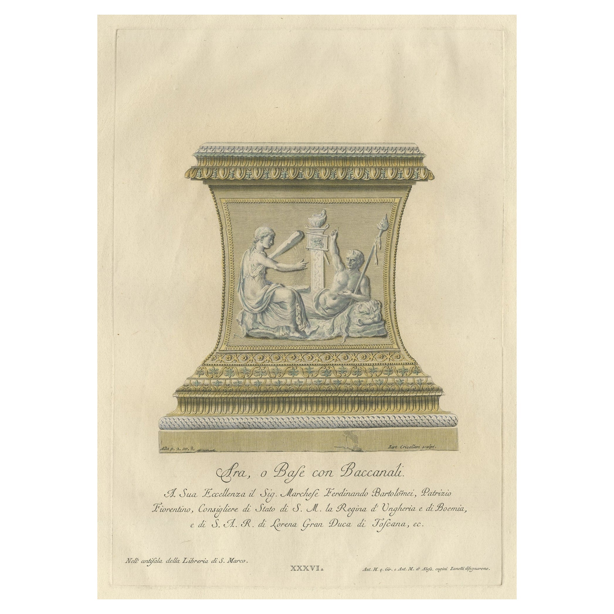 Seltene antike Gravur eines großen ornamentalen Bacchic-Altar- oder Sockels mit Ornament, 1740