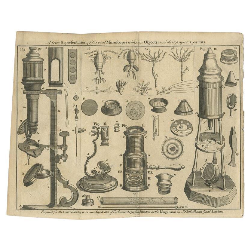Antique print titled 'A true Representation of sveral microscopes with some objects (..)'. Print of various microscopes, illustrating several microscope parts. This print originates from 'The Universal Magazine of Knowledge and Pleasure'.

The