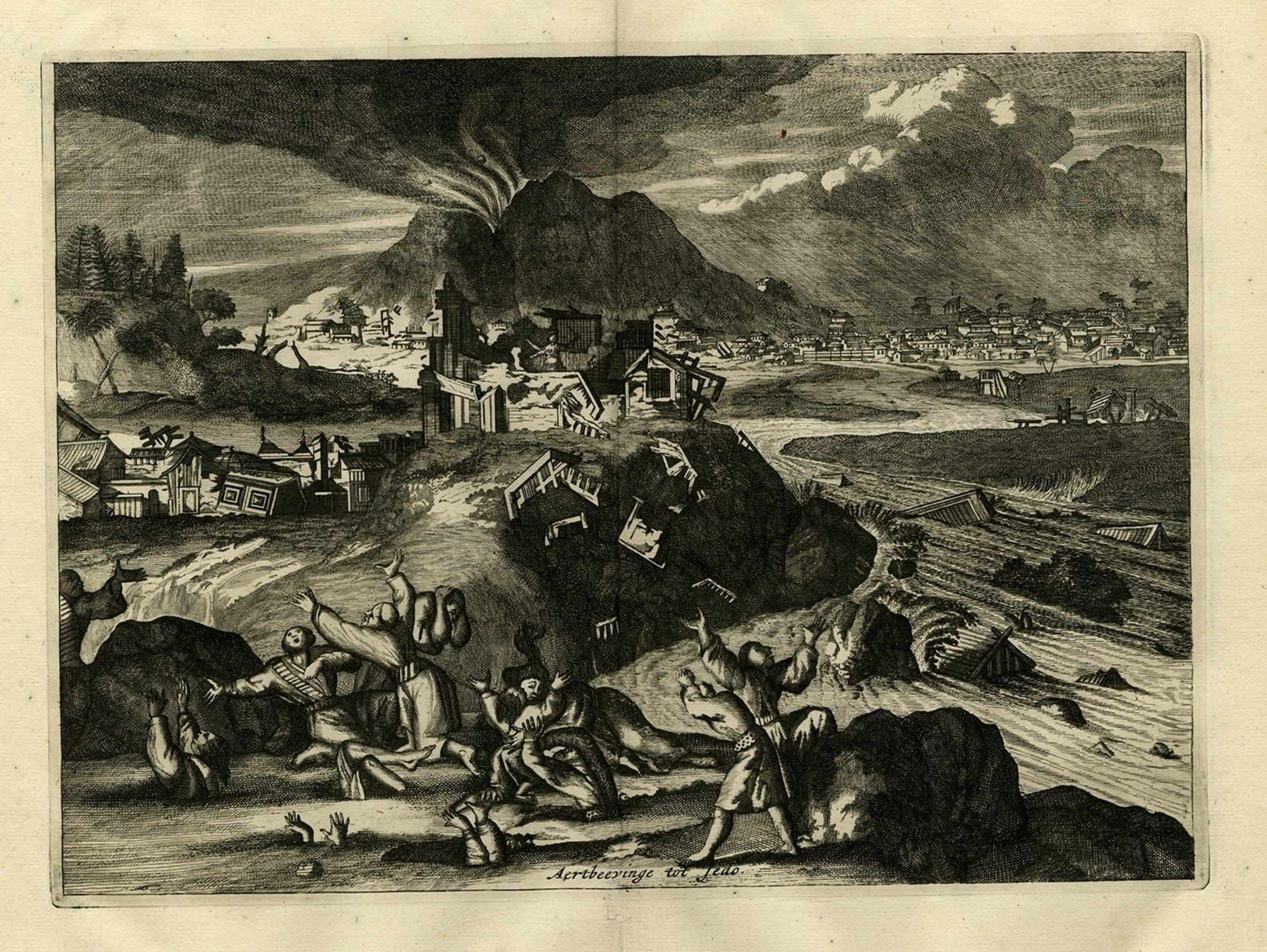 Antique print, titled: 'Aertbeevinge tot Jedo.' - ('Earthquake in Edo'). 

A temple falls to ruins because of an earthquake in Yedo (or Edo, Jeddo; now Tokyo). Men and women lament in the foreground, and are drowned in the raging flood. Arnoldus