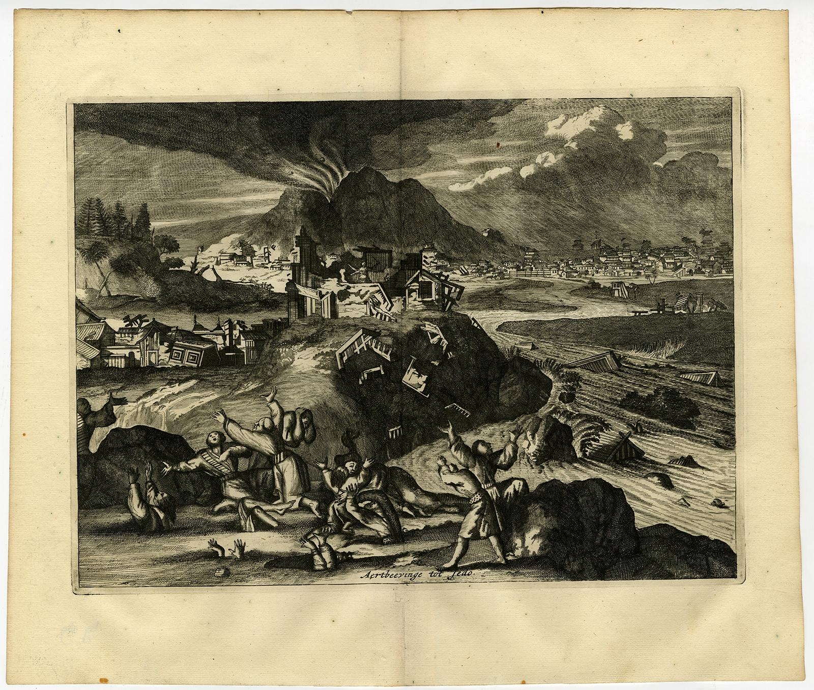 Rare Antique Engraving of Mount Fuji During an Earthquake in Tokyo, Japan, 1669 In Good Condition For Sale In Langweer, NL