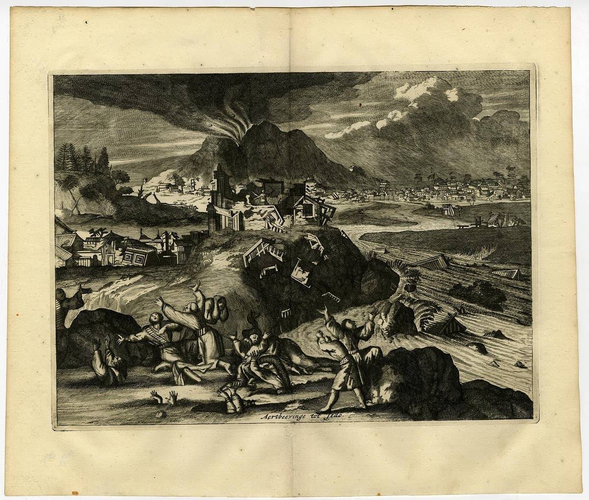 Rare Antique Engraving of Mount Fuji During an Earthquake in Tokyo, Japan, 1669