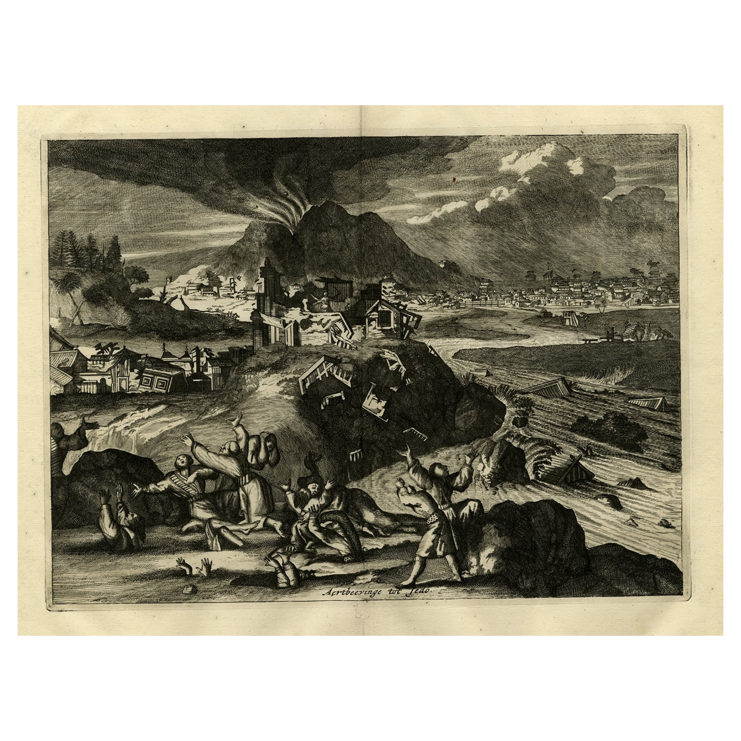 Rare gravure ancienne du mont Fuji lors d'un tremblement de terre  Tokyo, Japon, 1669 en vente