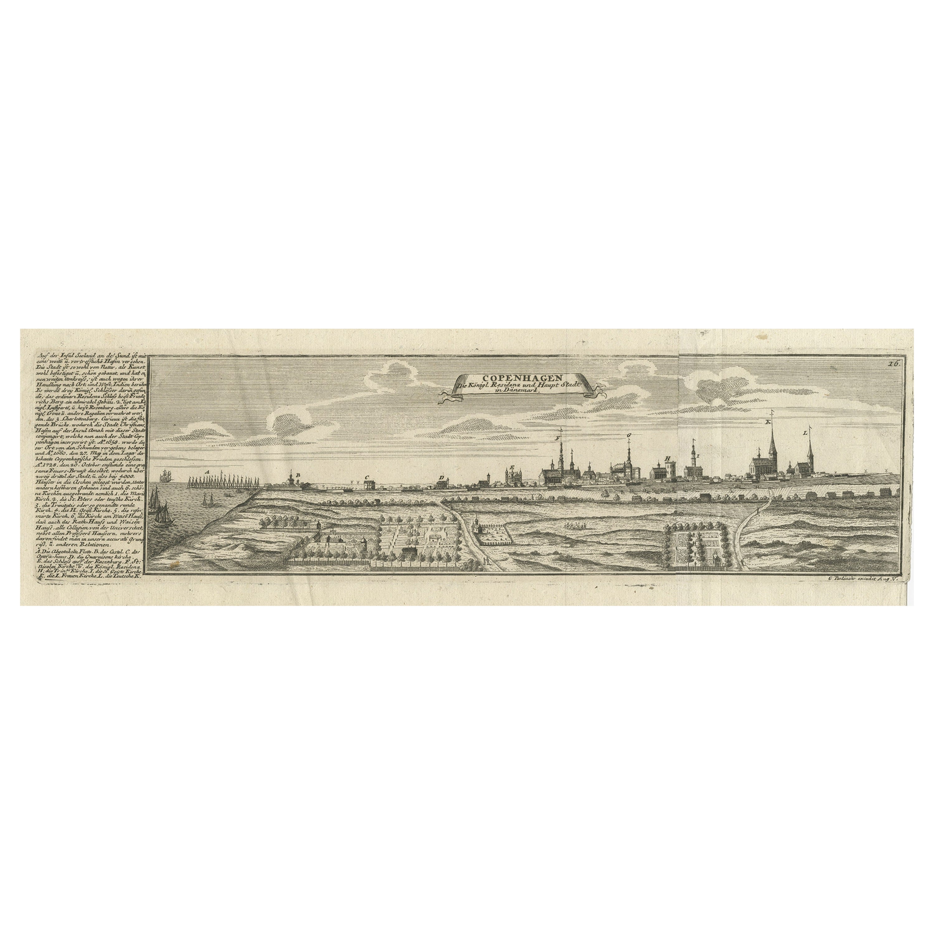 Rare Antique Engraving of the City of Copenhagen, Denmark, ca.1720