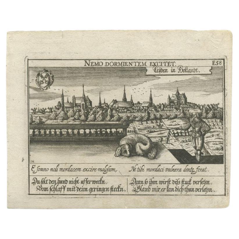 Antique print titled 'Leijden in Hollandt'. Old print of the city of Leiden, the Netherlands. This print originates from 'Thesaurus philopoliticus oder Politisches Schatzkästlein'. This work was originally created in the period 1623-1632 and