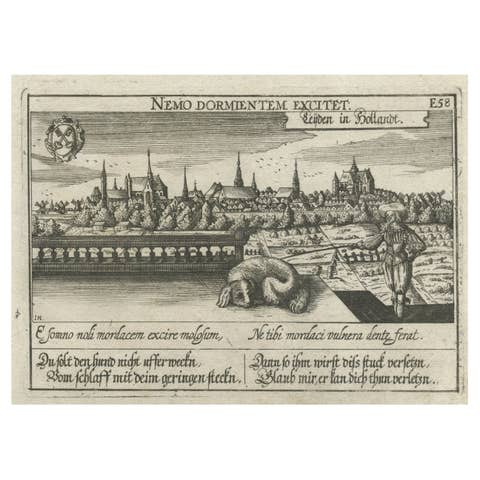 Rare Antique Engraving of the University City of Leiden, The Netherlands, c.1625