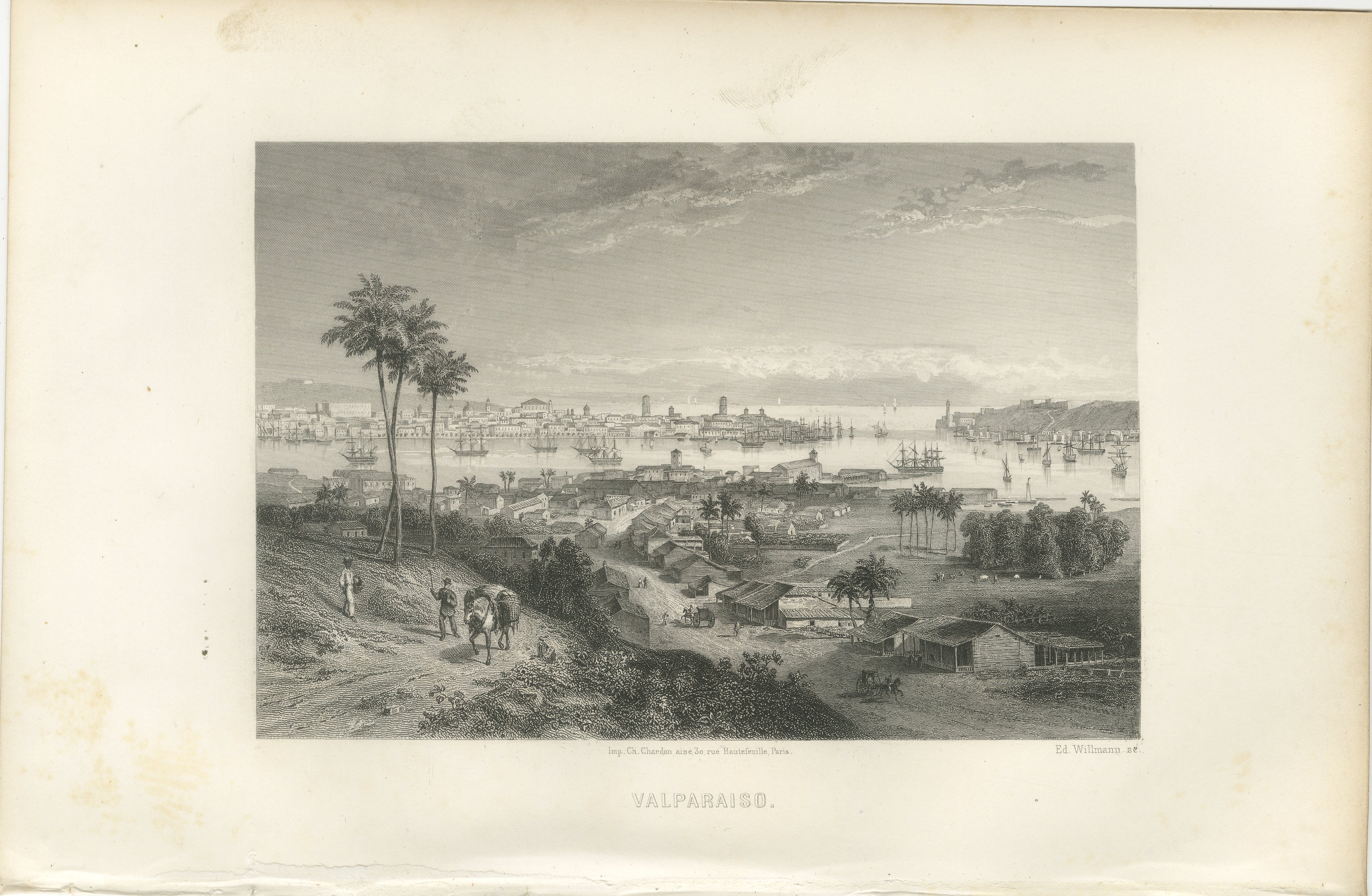 Antiker Kupferstich von Valparaíso, Hafen- und Stadtansicht, 1867

Detaillierter Kupferstich aus dem 19. Jahrhundert mit dem Titel Valparaiso, veröffentlicht im Jahr 1867. Das Panorama zeigt Chiles wichtigste Hafenstadt von einem erhöhten Hügel aus