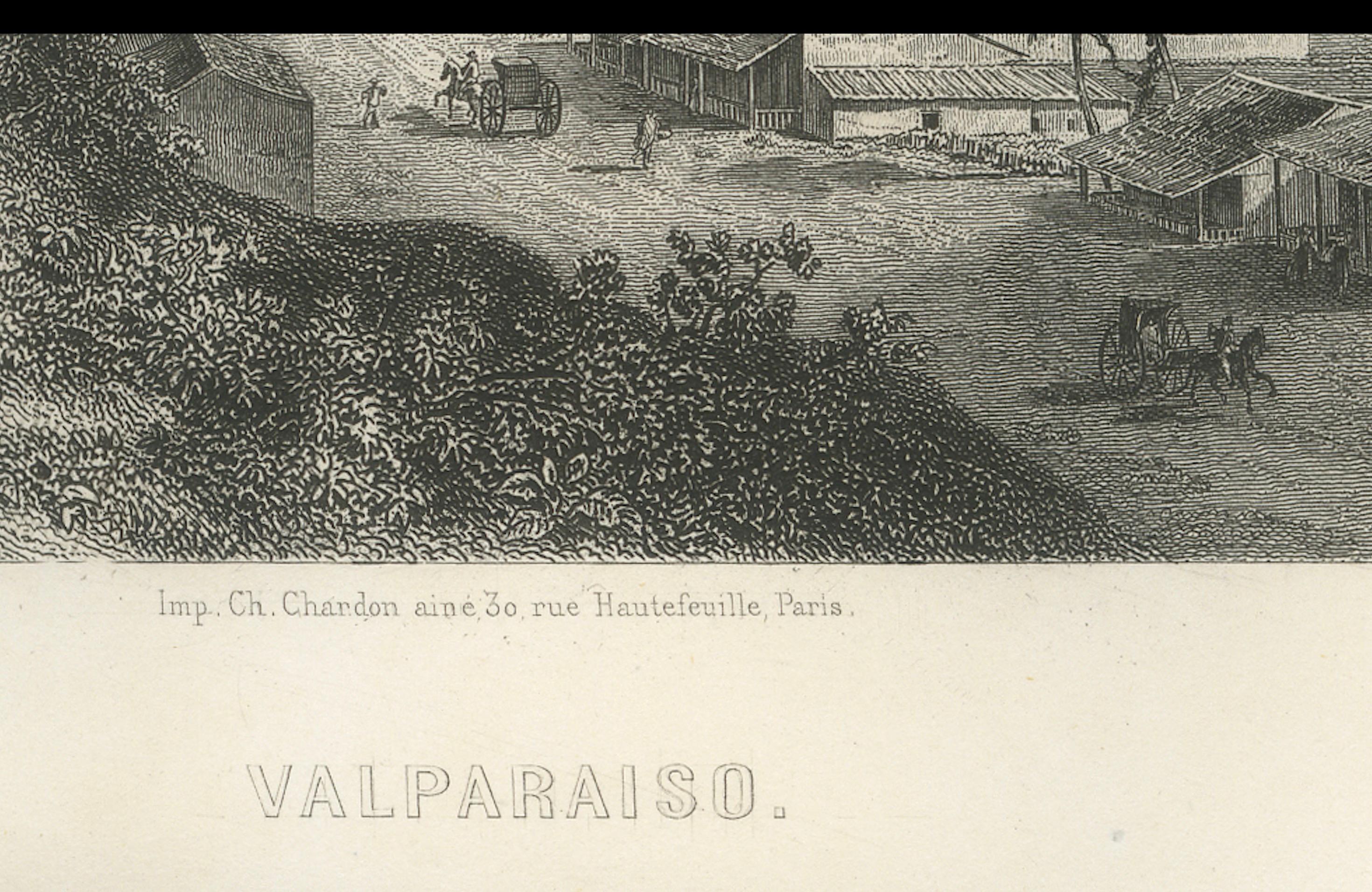 Seltener antiker Kupferstich - Valparaíso, Chile Hafen- und Stadtszene, 1867 (Graviert) im Angebot