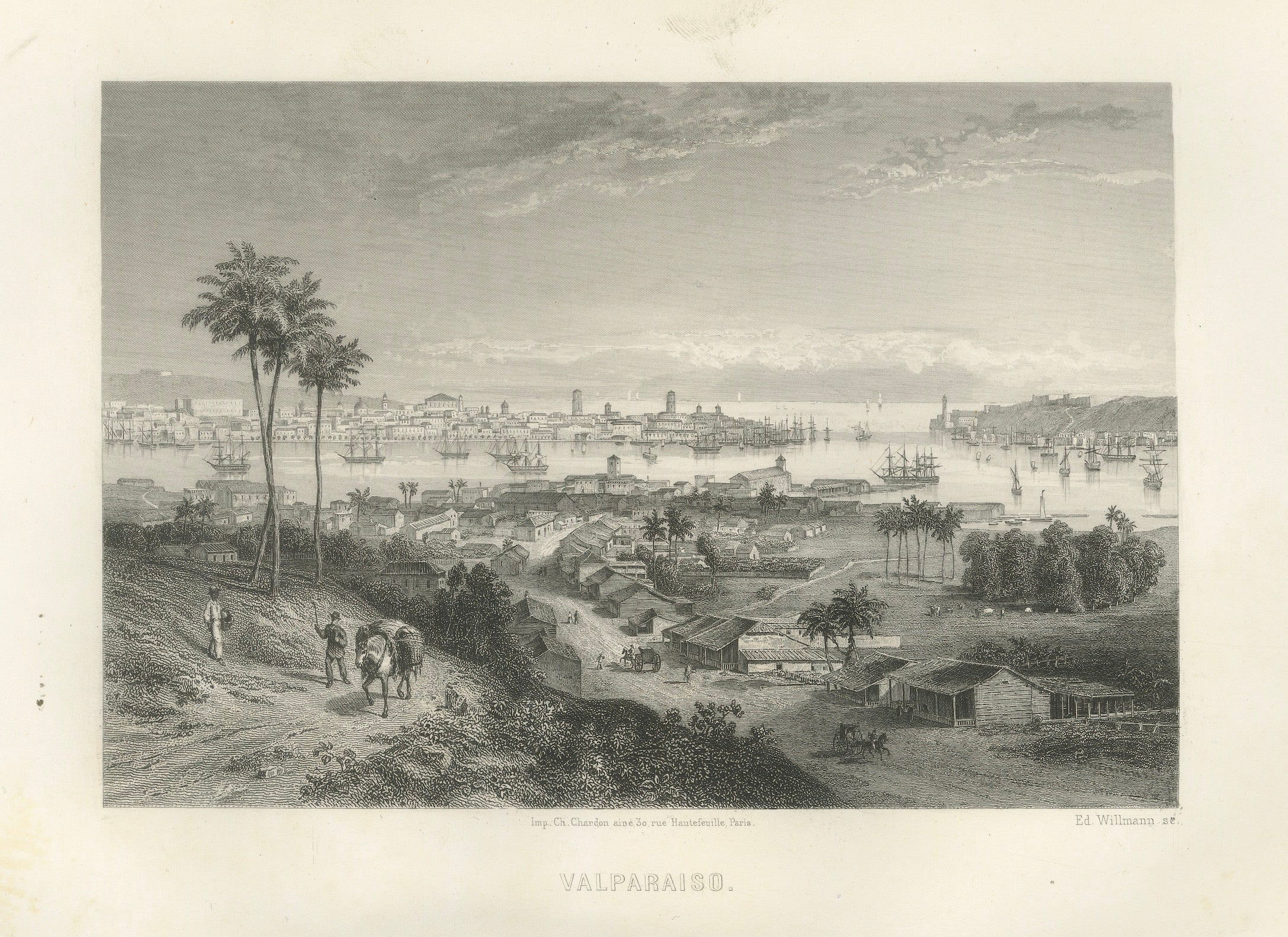Rare gravure ancienne - Valparaíso, Chili Scène portuaire et urbaine, 1867