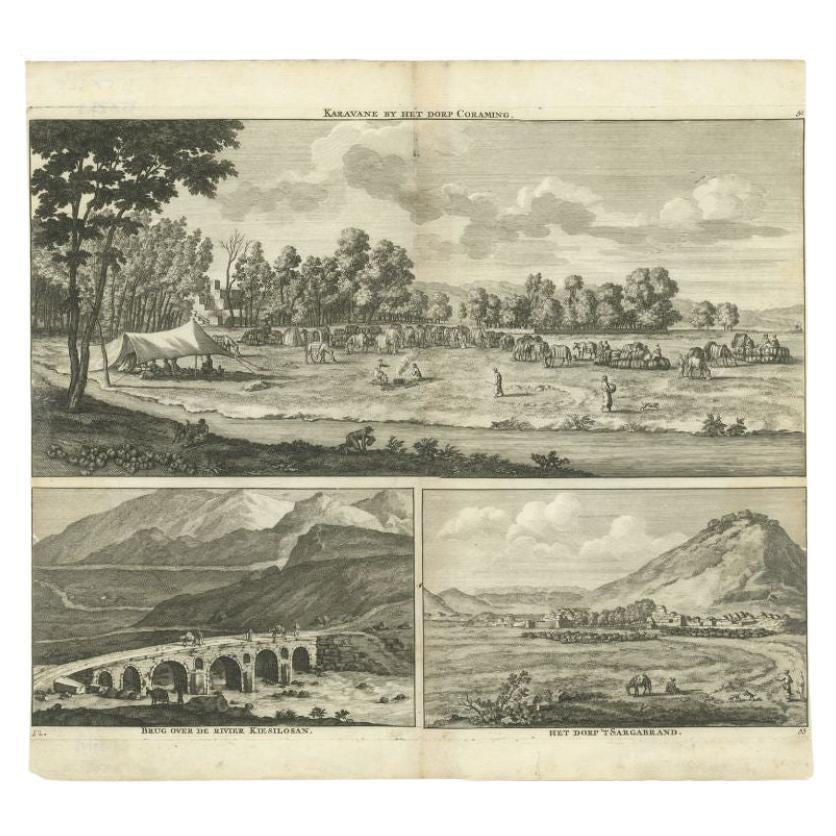 Antique print titled 'Karavane by het dorp Coraming - Brug over de rivier Kiesilosan - Het Dorp 't Sargabrand'. Old print with three views, two of which unidentified villages in Iran, and a bridge over the Kiesilosan river. This print originates