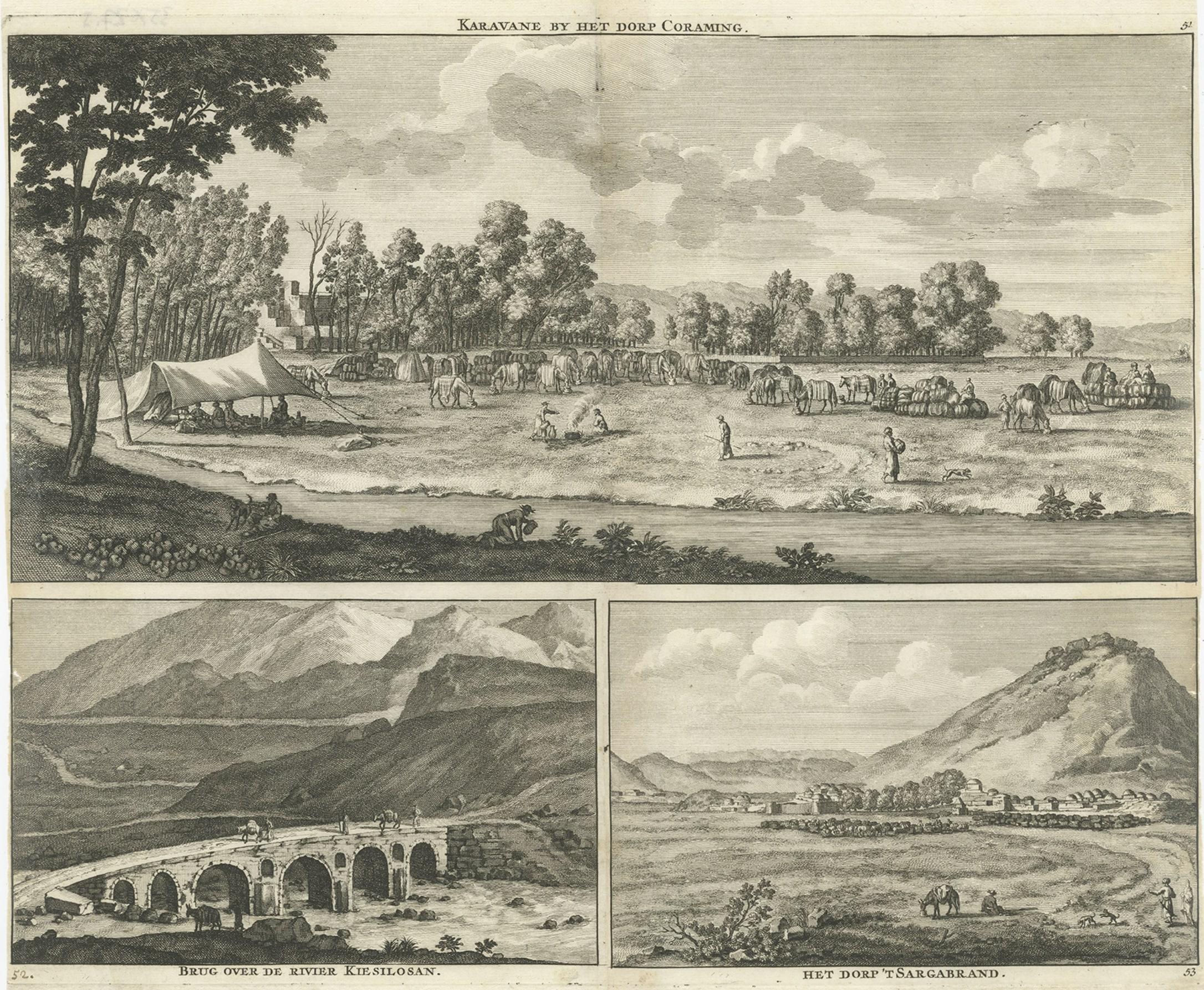 Paper Rare Antique Engraving with Three Unique Views of Iran, 1711 For Sale