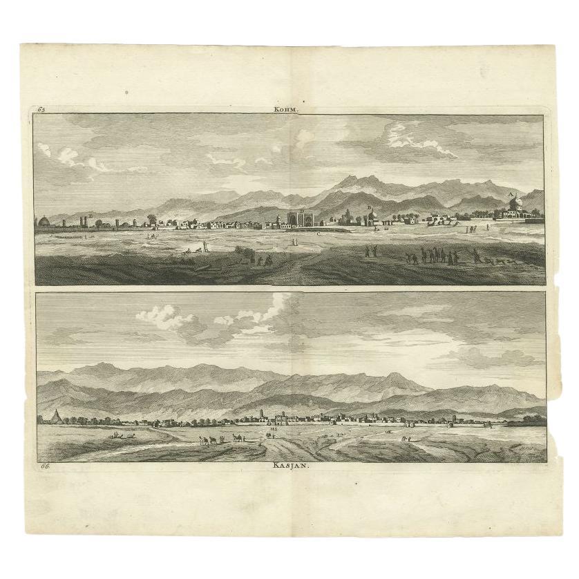 Antique print titled 'Kohm - Kasjan'. Old print with two views: one is Qom, the other Kashan. Both are in Iran (then known as Persia). This print originates from 'Cornelis de Bruins Reizen over Moskovie, door Persie en Indie (..)'. 

Artists and