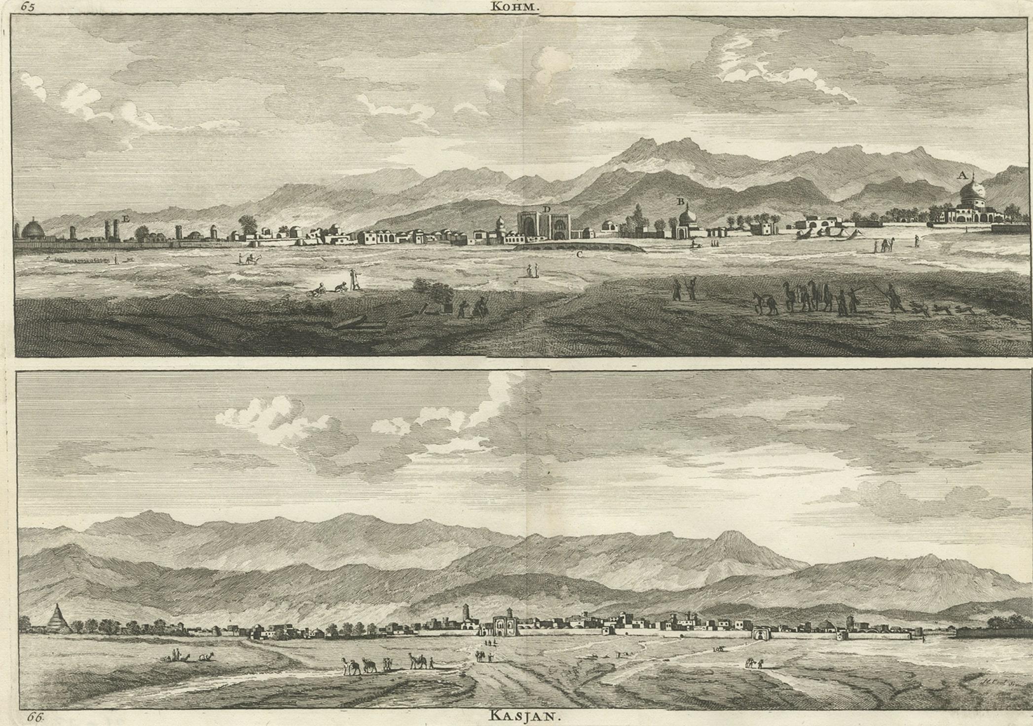 Papier Rare gravure ancienne avec des vues de Qom et de Kashan en Iran, 1711 en vente