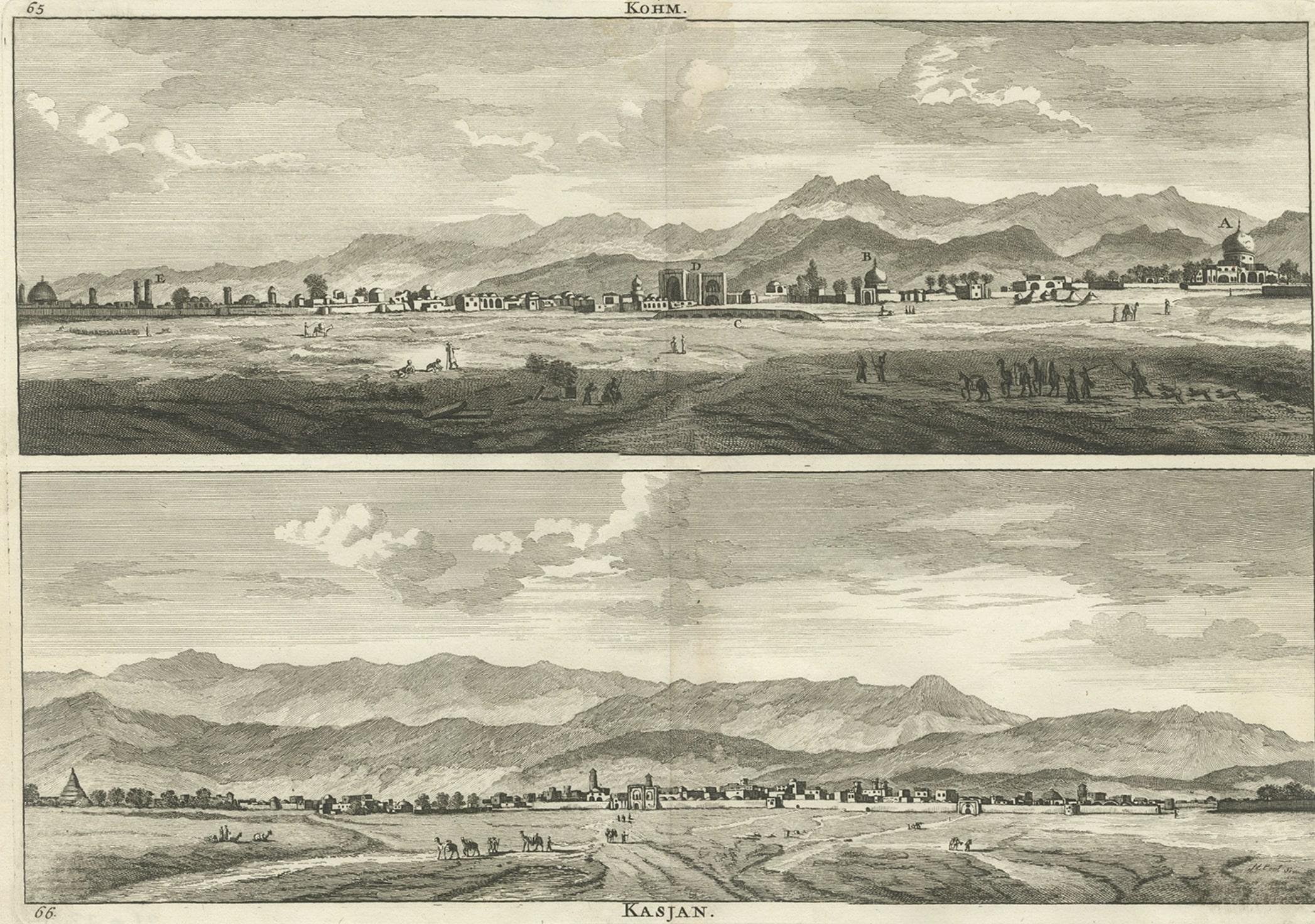 Paper Rare Antique Engraving with Views of Qom and Kashan in Iran, 1711 For Sale