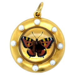 RARE Antique Essex Crystal Butterfly Locket Pendant 22K Yellow Gold