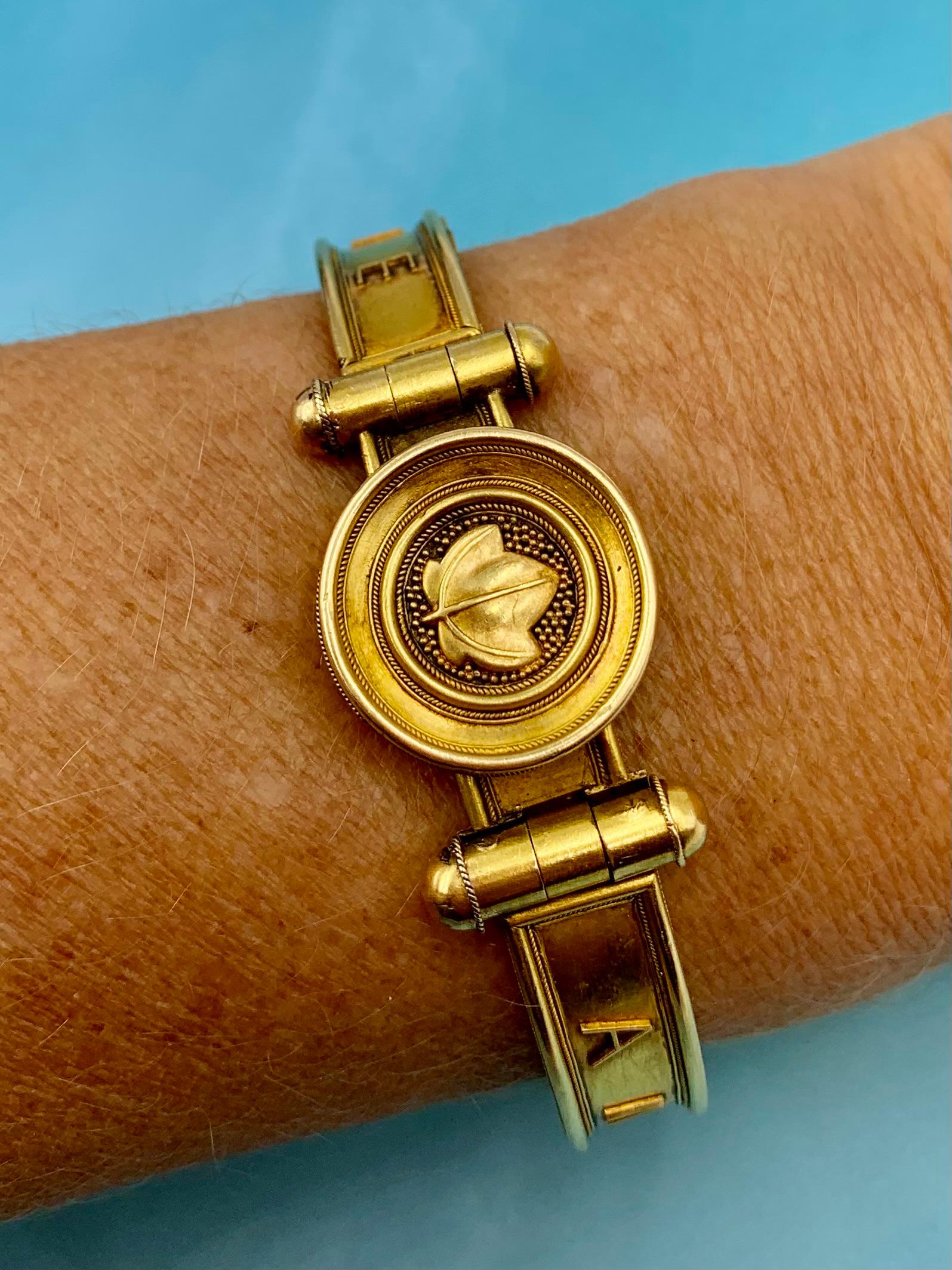 Women's or Men's Rare Antique Etruscan Revival 18K Gold Love Locket Bracelet, Vatican Workshops