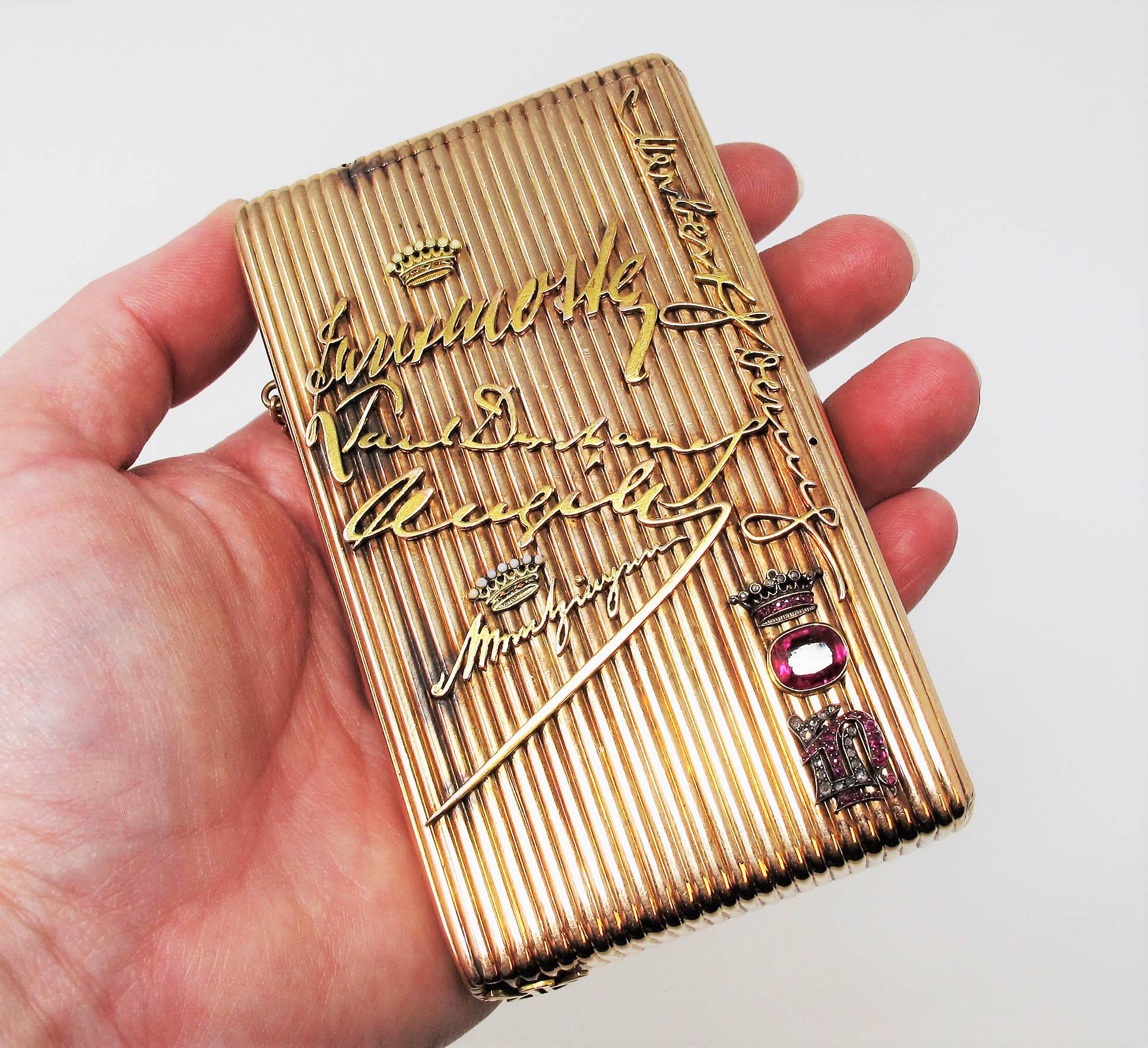 Rare boîte à cigarettes européenne ancienne en or jaune 14 carats avec diamants et rubis en vente 8
