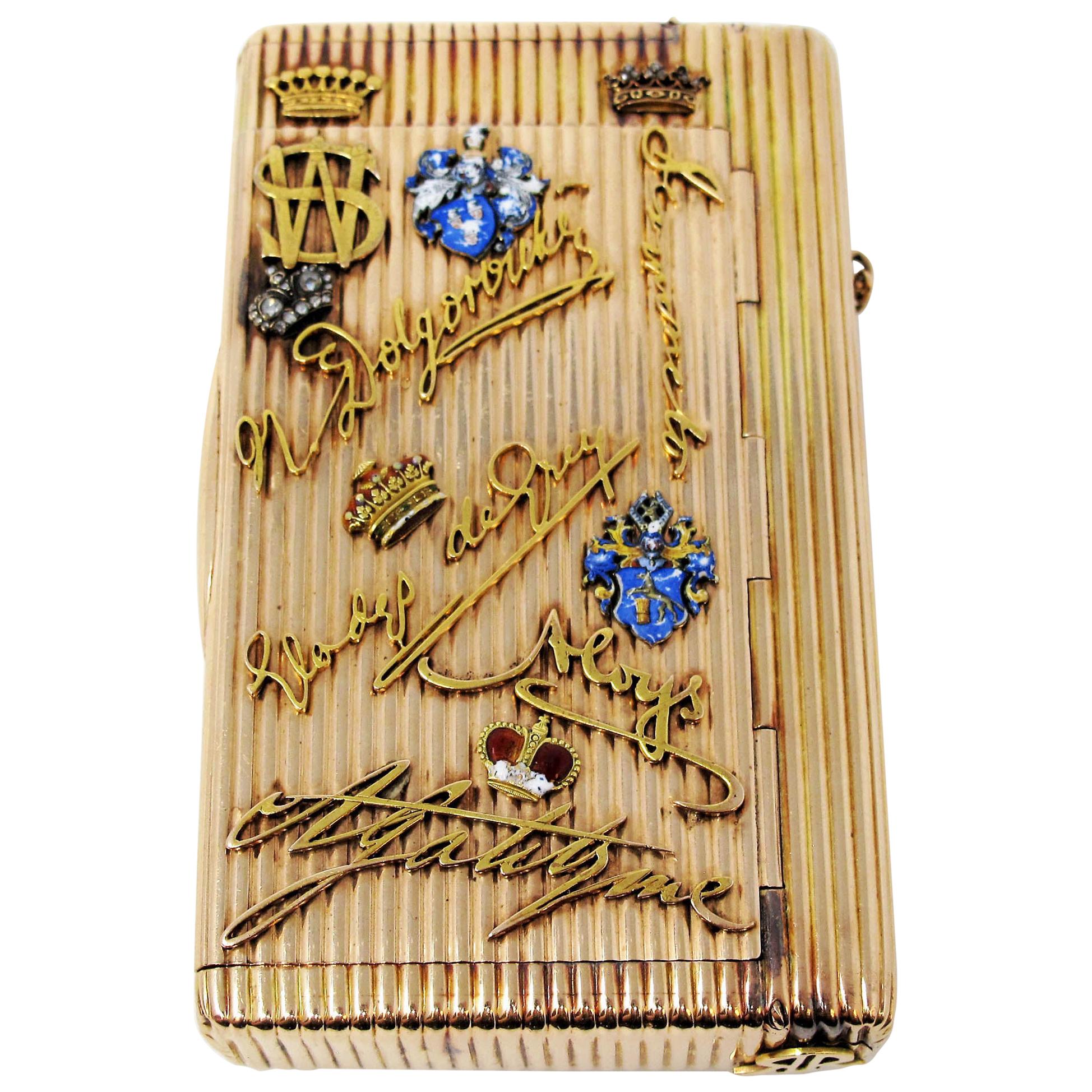 Rare boîte à cigarettes européenne ancienne en or jaune 14 carats avec diamants et rubis