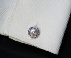 Rare Antique Faberge Lilac Guilloche Enamel Diamond Double Cufflinks