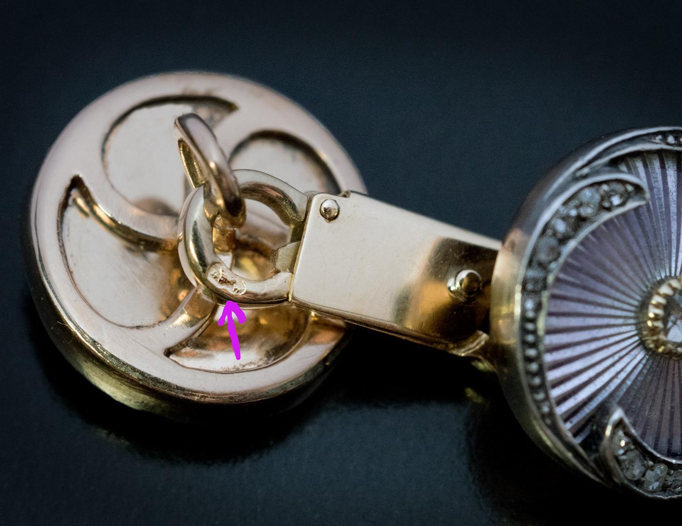 Edwardian Rare Antique Faberge Lilac Guilloche Enamel Diamond Double Cufflinks