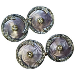 Rare Boutons de manchette anciens double émail guilloché lilas et diamants de Fabergé