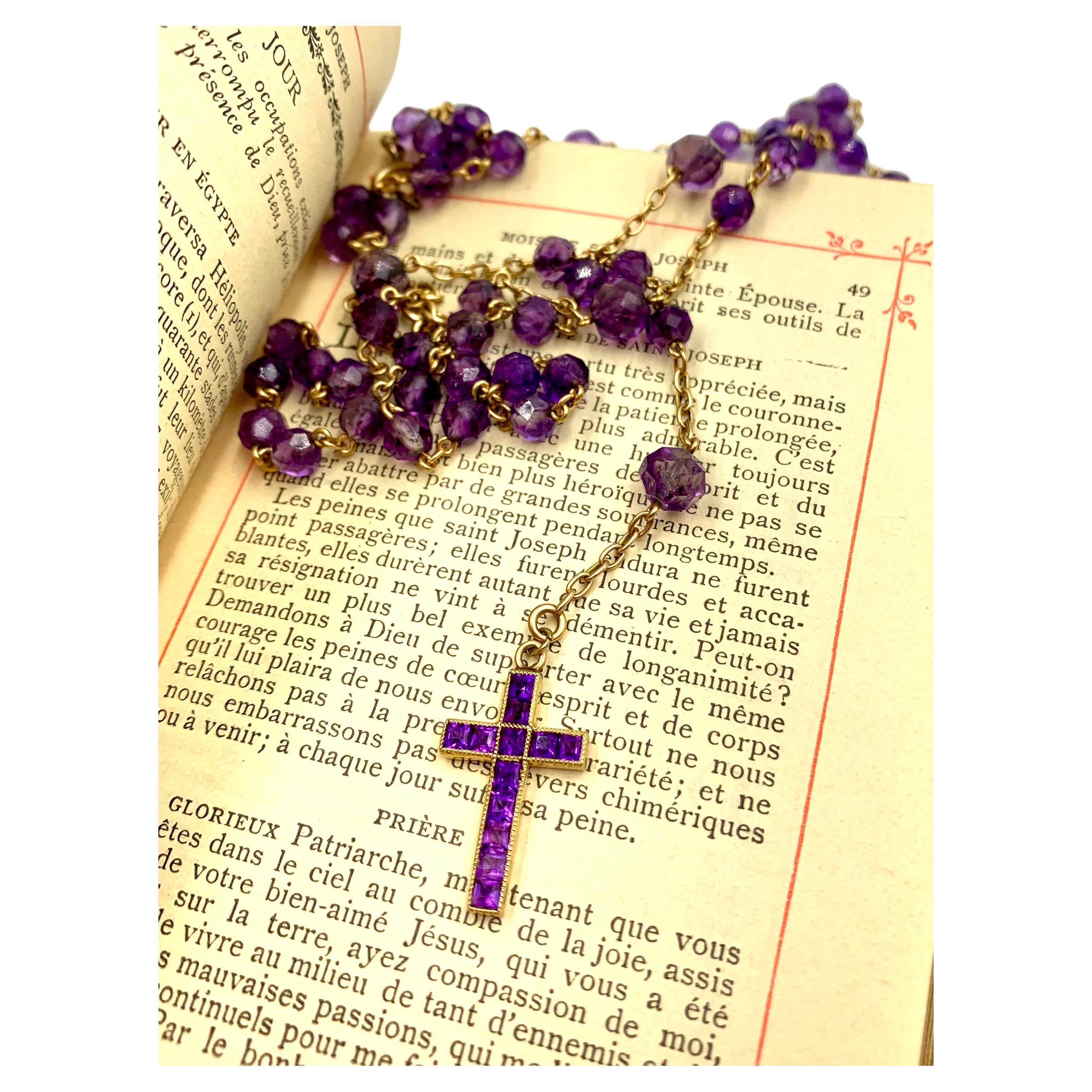 Rare Antique Faceted Amethyst 14K Yellow Gold Rosary Channel Set Amethyst Cross