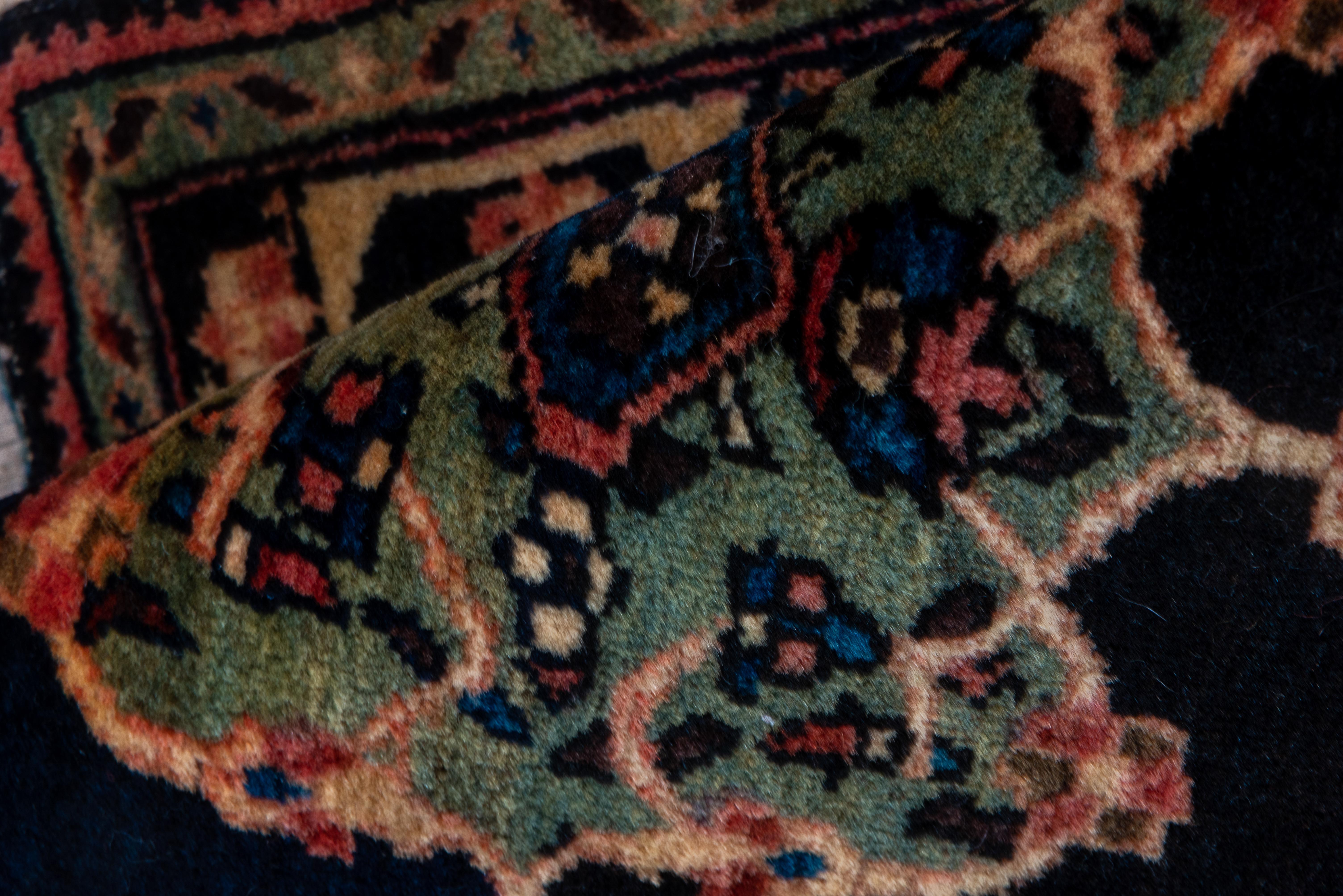 Hand-Knotted Rare Antique Farahan Sarouk Mini Rug, Navy Field, Green Center Medallion For Sale