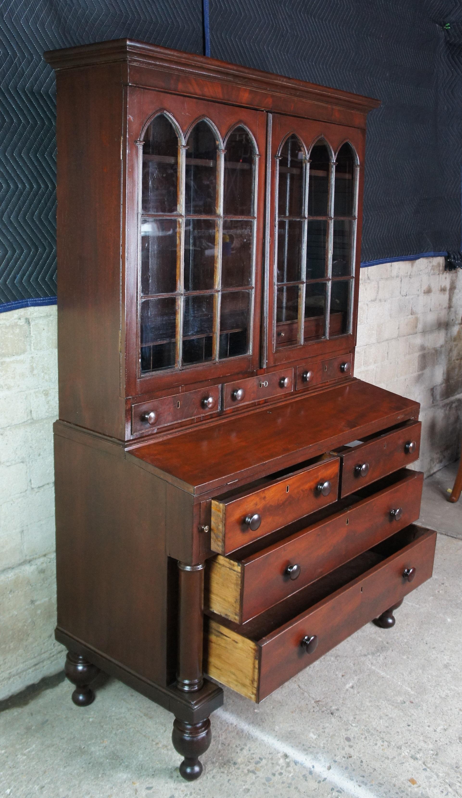 Rare Antique Federal American Mahogany Secretary Writing Desk Gothic Bookcase For Sale 1
