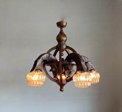 Rare Antique Fish Chandelier with Iridescent Glass Shades