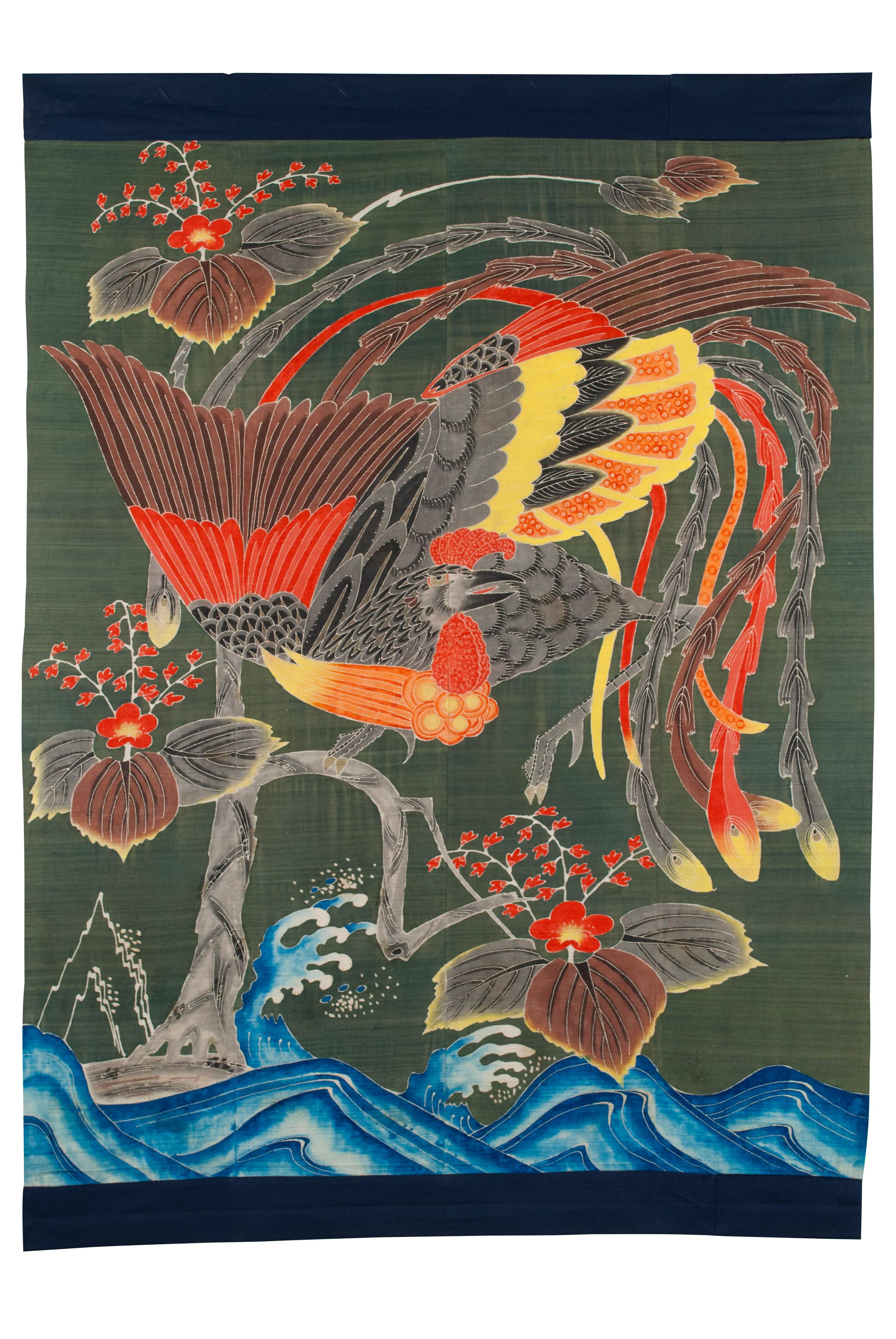 Rare couverture ancienne en soie japonaise Tsutsugaki 

Un exemple exceptionnel de tsutsugaki de la fin de la période Meiji. Le rendu abstrait du phénix de bon augure et du paulownia au milieu de vagues déferlantes a été obtenu grâce à la technique