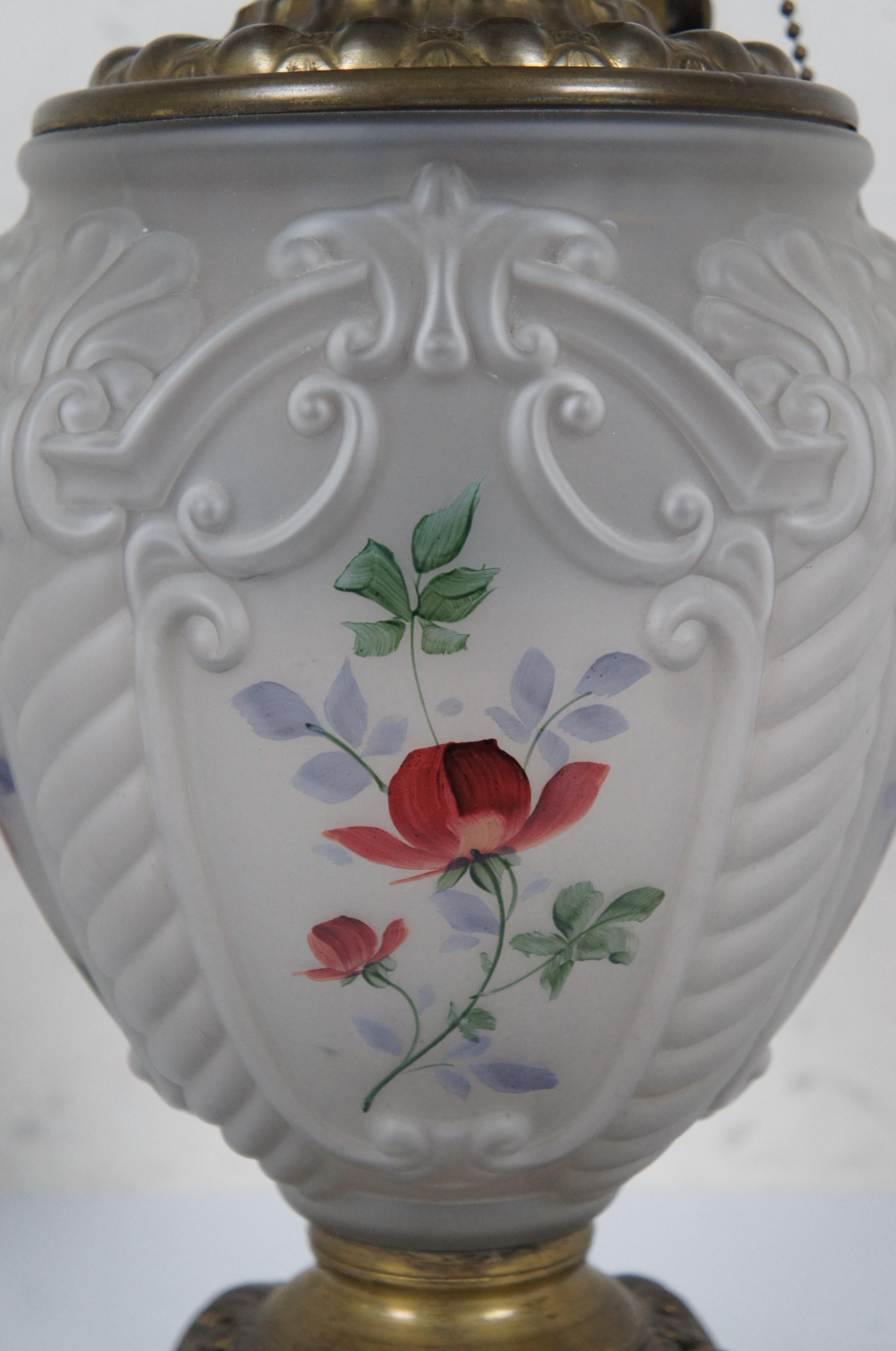 Rare Antique Fostoria Etched Satin Glass GWTW Parlor Hurricane Oil Lantern Lamp For Sale 1