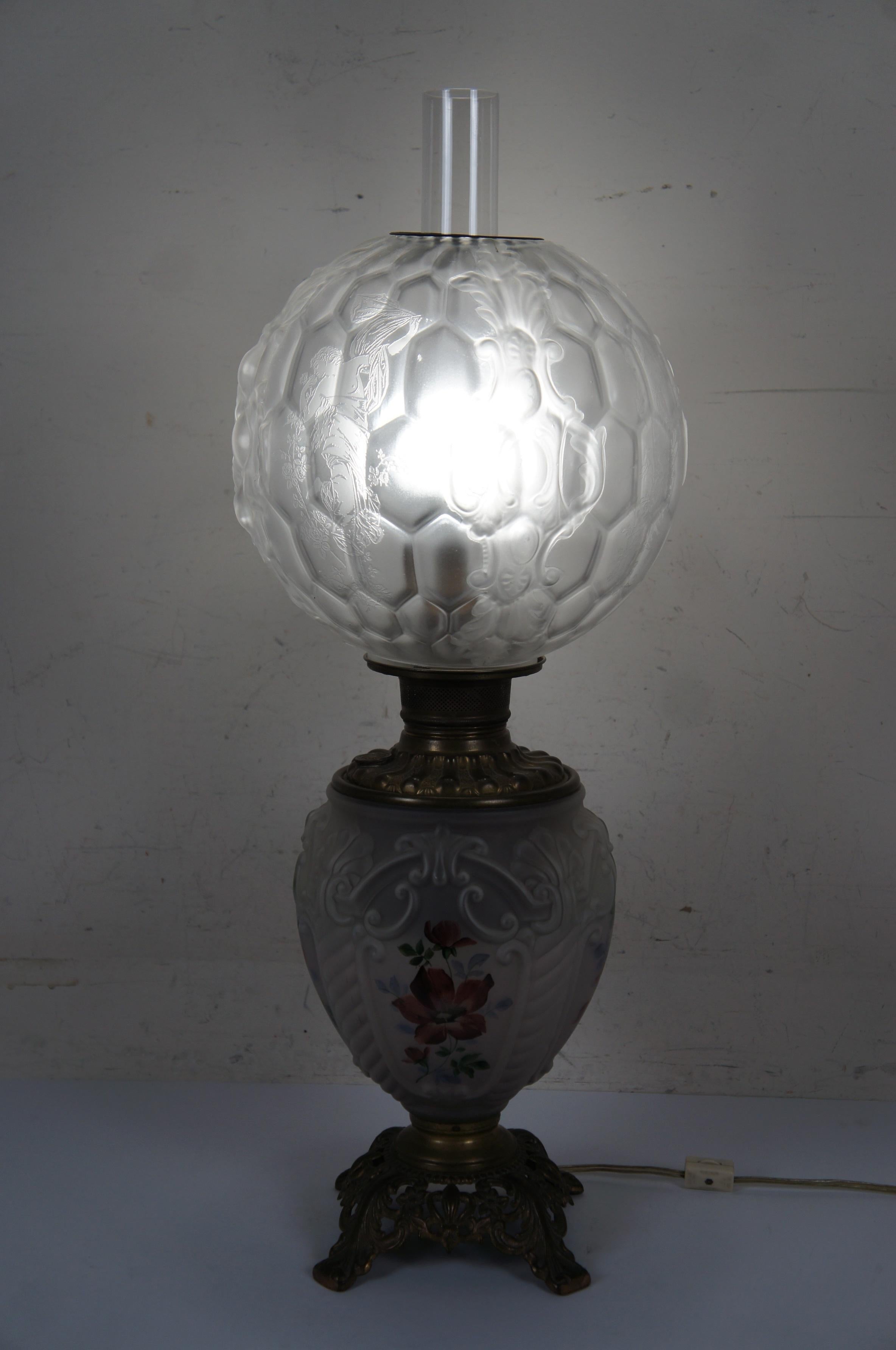 Rare Antique Fostoria Etched Satin Glass GWTW Parlor Hurricane Oil Lantern Lamp For Sale 3