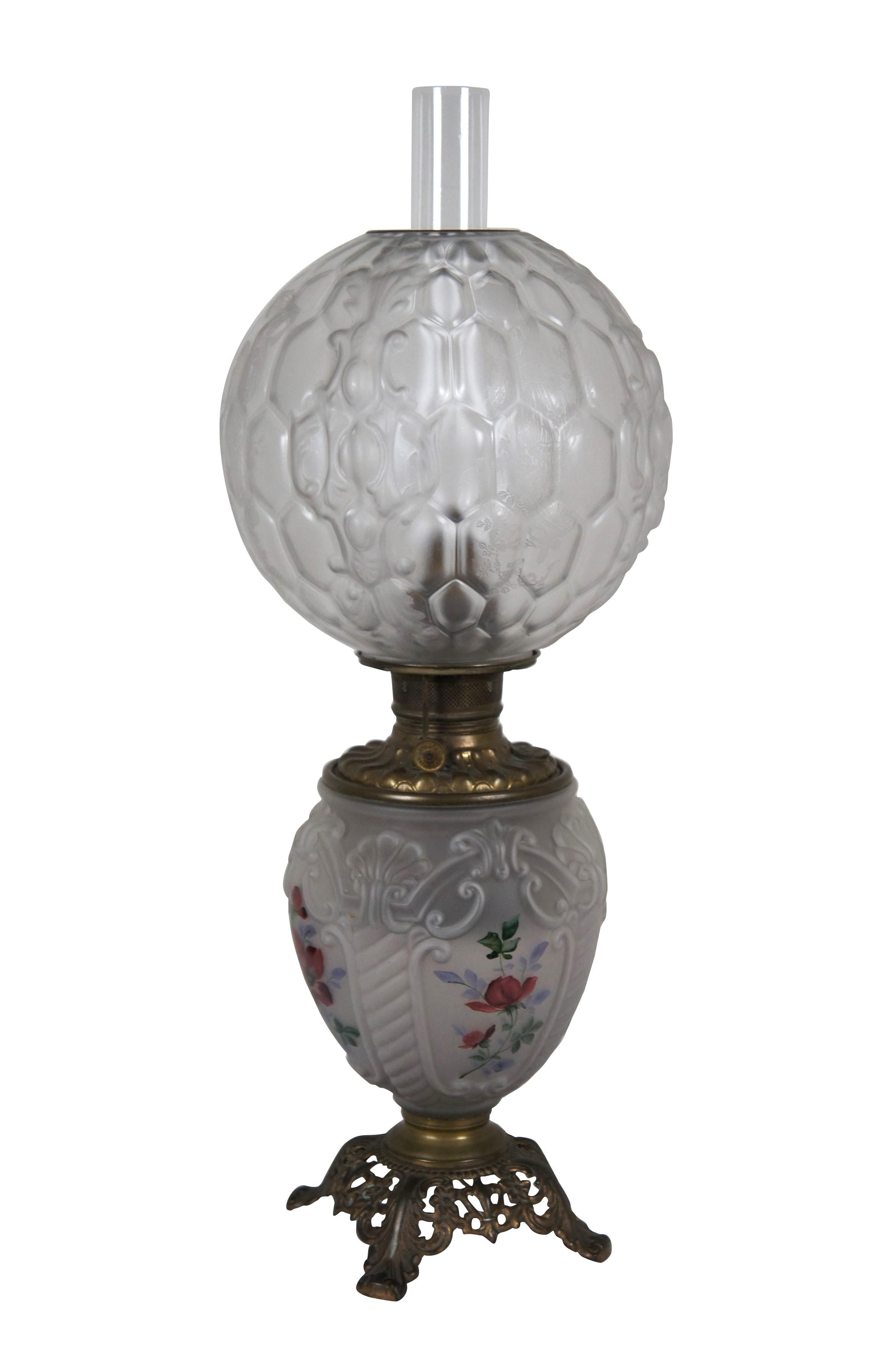 Rare antique Victorian Art Nouveau Fostoria converted Gone with the Wind parlor oil lamp. Pierced floral brass base - molded frosted / satin glass body hand painted with red flowers, clear hurricane, burner Made in US of America, molded shell /