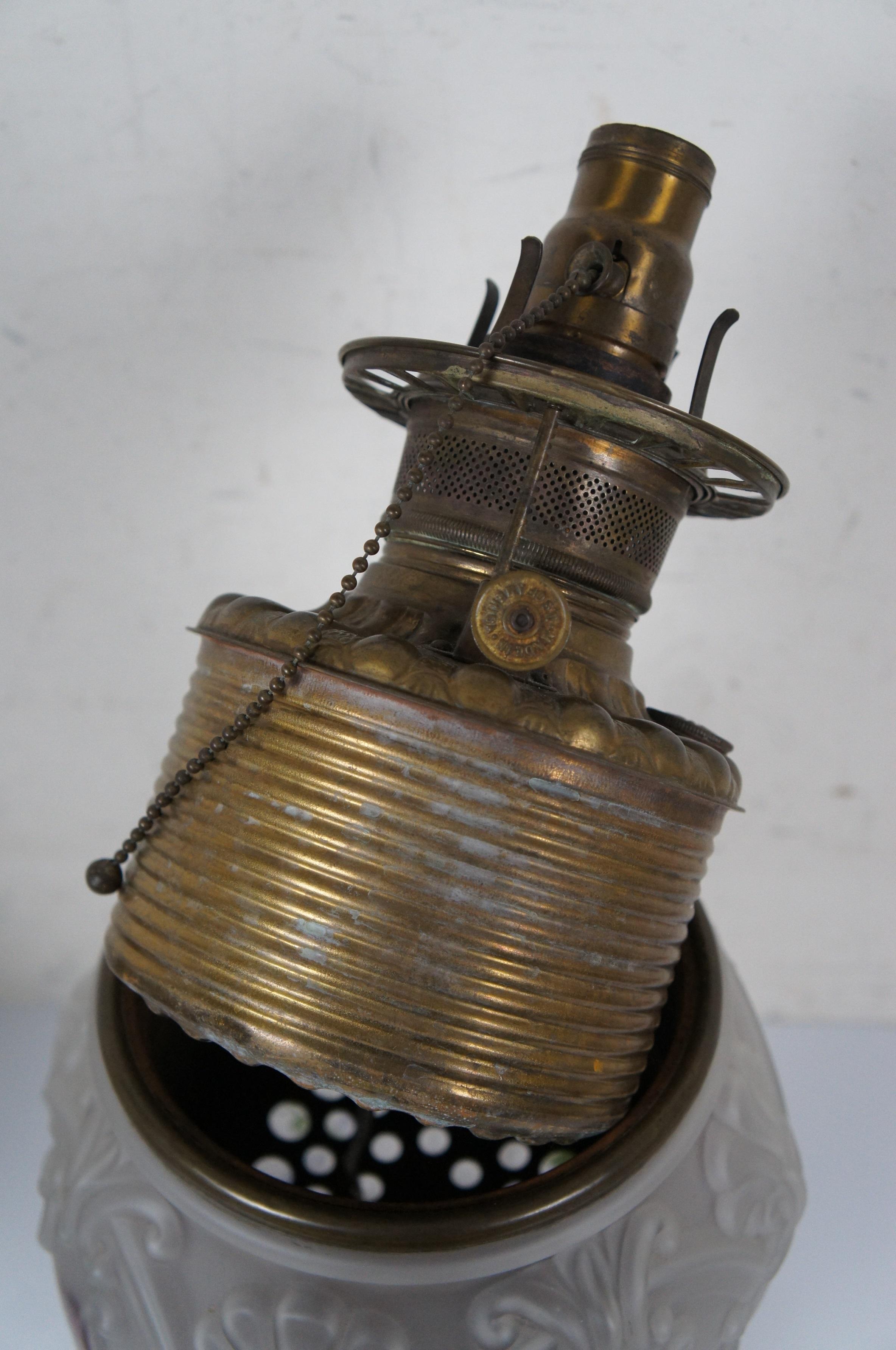 Art Nouveau Rare Antique Fostoria Etched Satin Glass GWTW Parlor Hurricane Oil Lantern Lamp For Sale