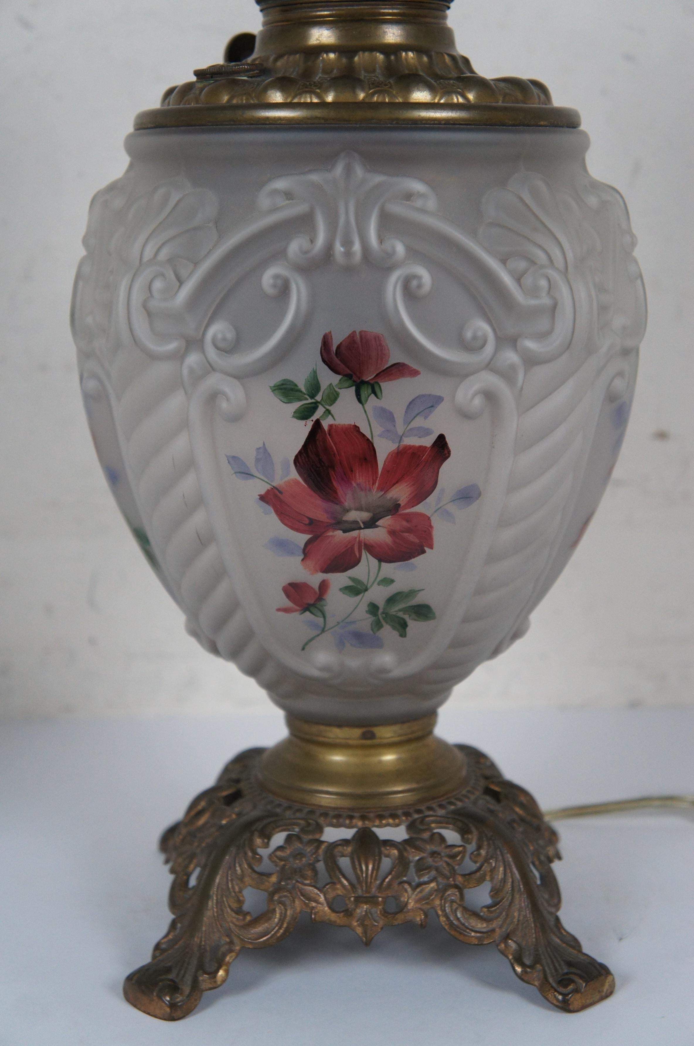 Brass Rare Antique Fostoria Etched Satin Glass GWTW Parlor Hurricane Oil Lantern Lamp For Sale