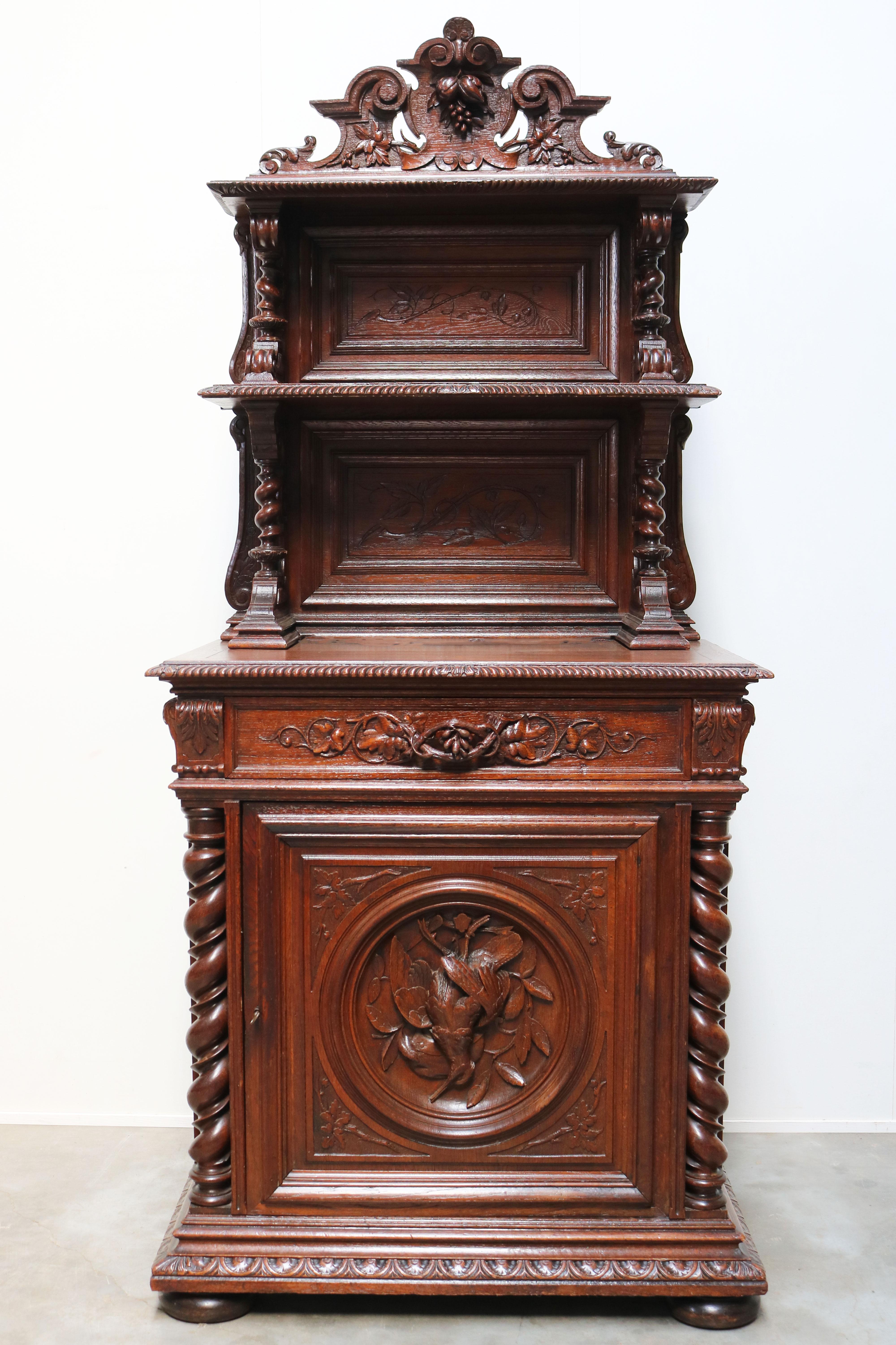 Carved Rare Antique French 19th Century Hunting Cabinet / Black Forest Barley Twist Oak For Sale