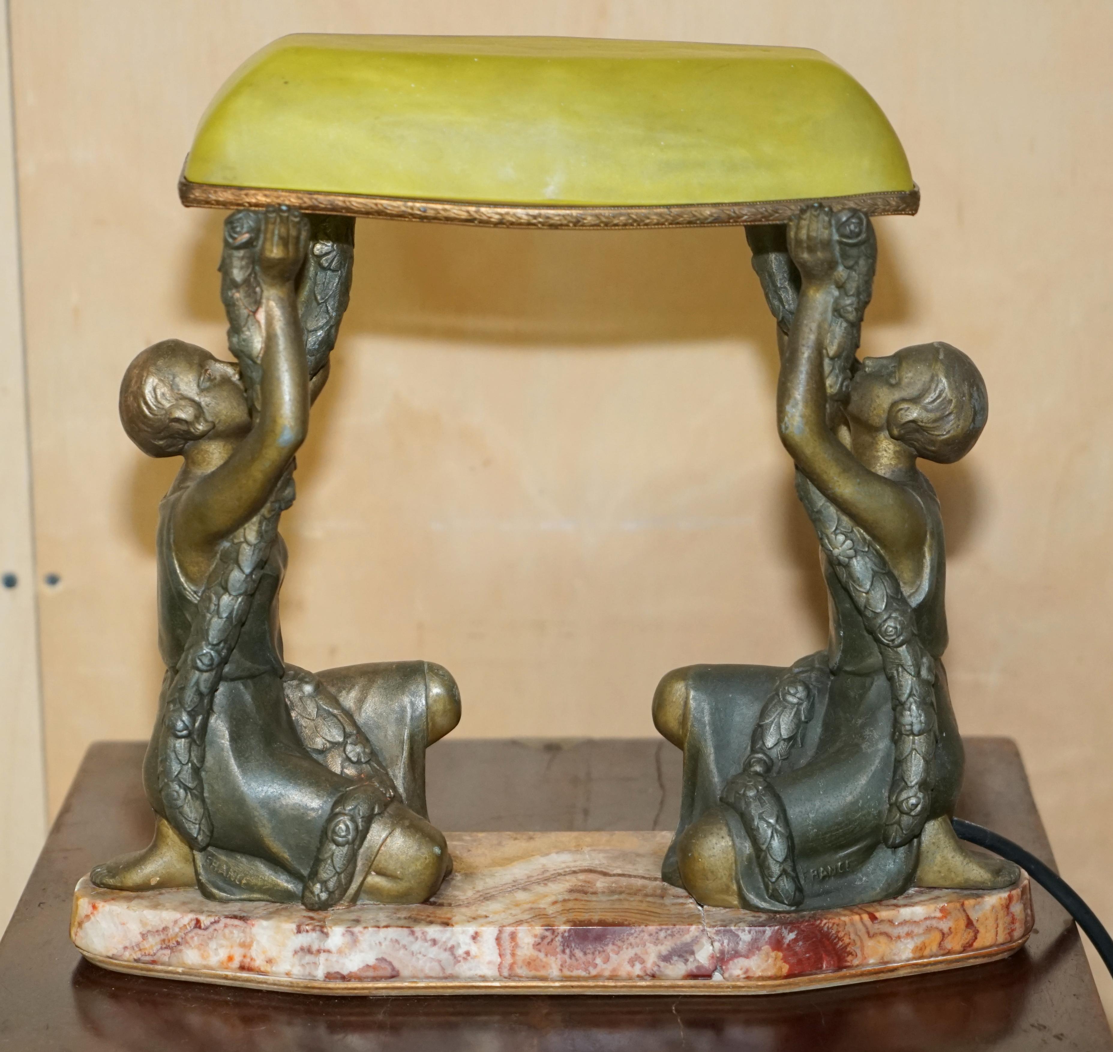 English RARE ANTiQUE FRENCH ART DECO 20s COLD PAINTED BRONZE TABLE LAMP WITH MARBLE BASe For Sale