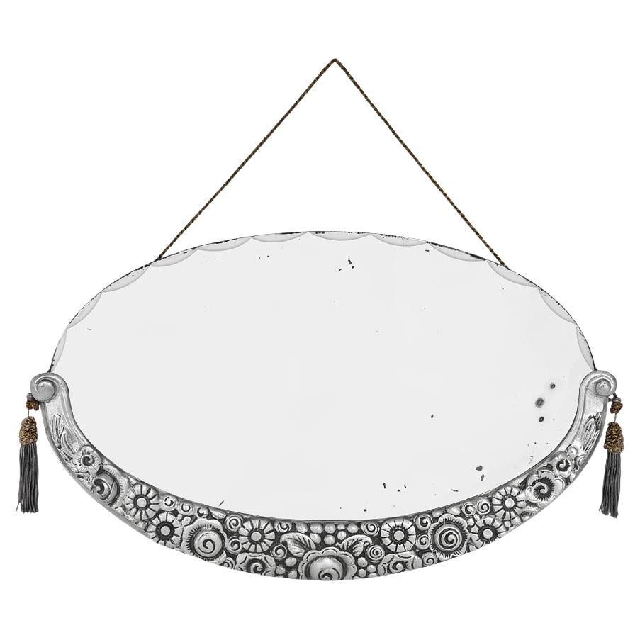 Raro Antique Mirror ovale francese in stile Deco, Paul Follot Design, circa 1929 in vendita