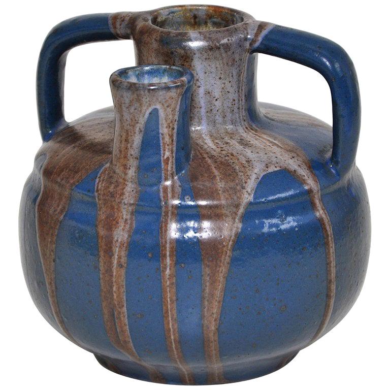 Rare Antique French Art Pottery by Leon Pointu Blue Vase Pot