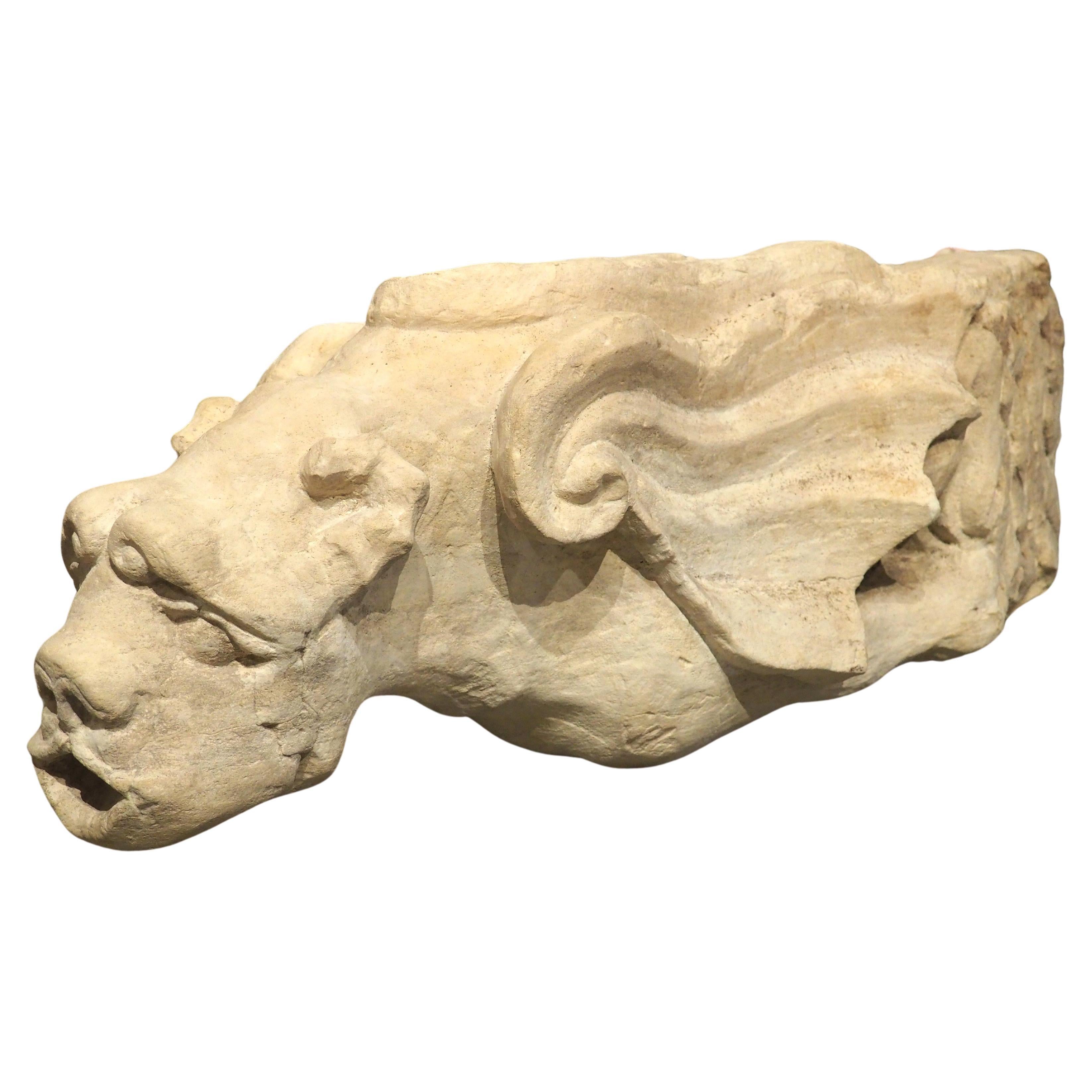 Rare Antique French Carved Limestone Gargoyle Scupper, Pre-1700