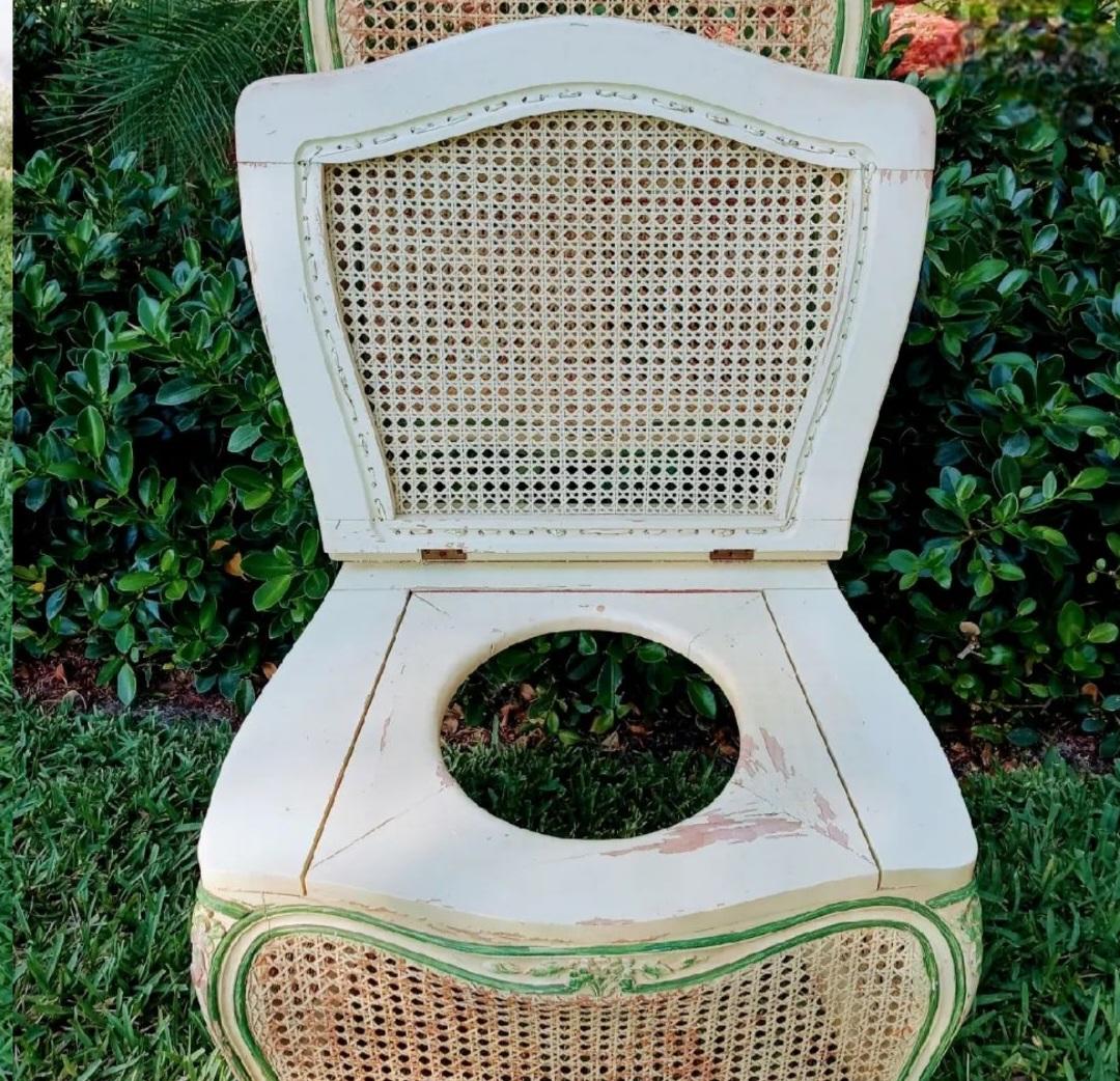 Seltene Antike Französische Chaise Percee Louis XV Gelb Grün Schilf Holz Kommode Stuhl (Geflecht) im Angebot